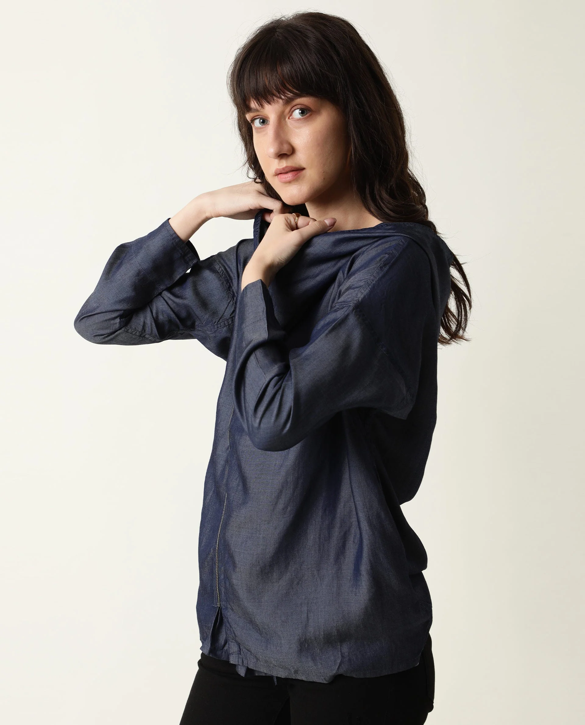 Rareism Womens Hemp Bark Blue Hoodie Zipper Closure - Image 2