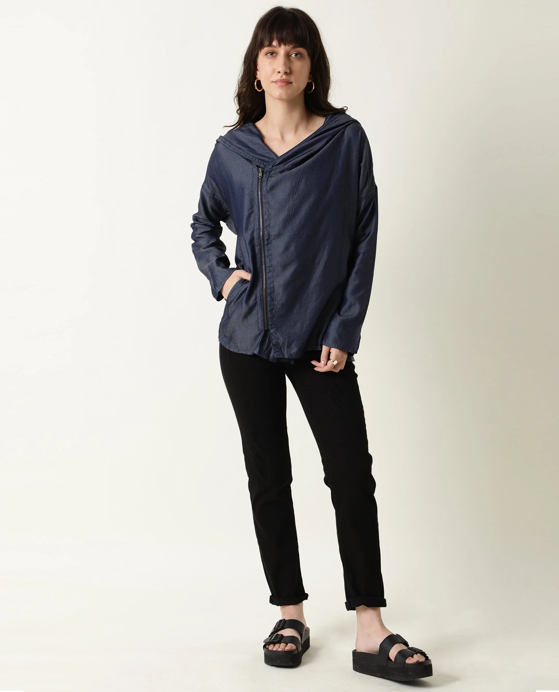 Rareism Womens Hemp Bark Blue Hoodie Zipper Closure - Image 3