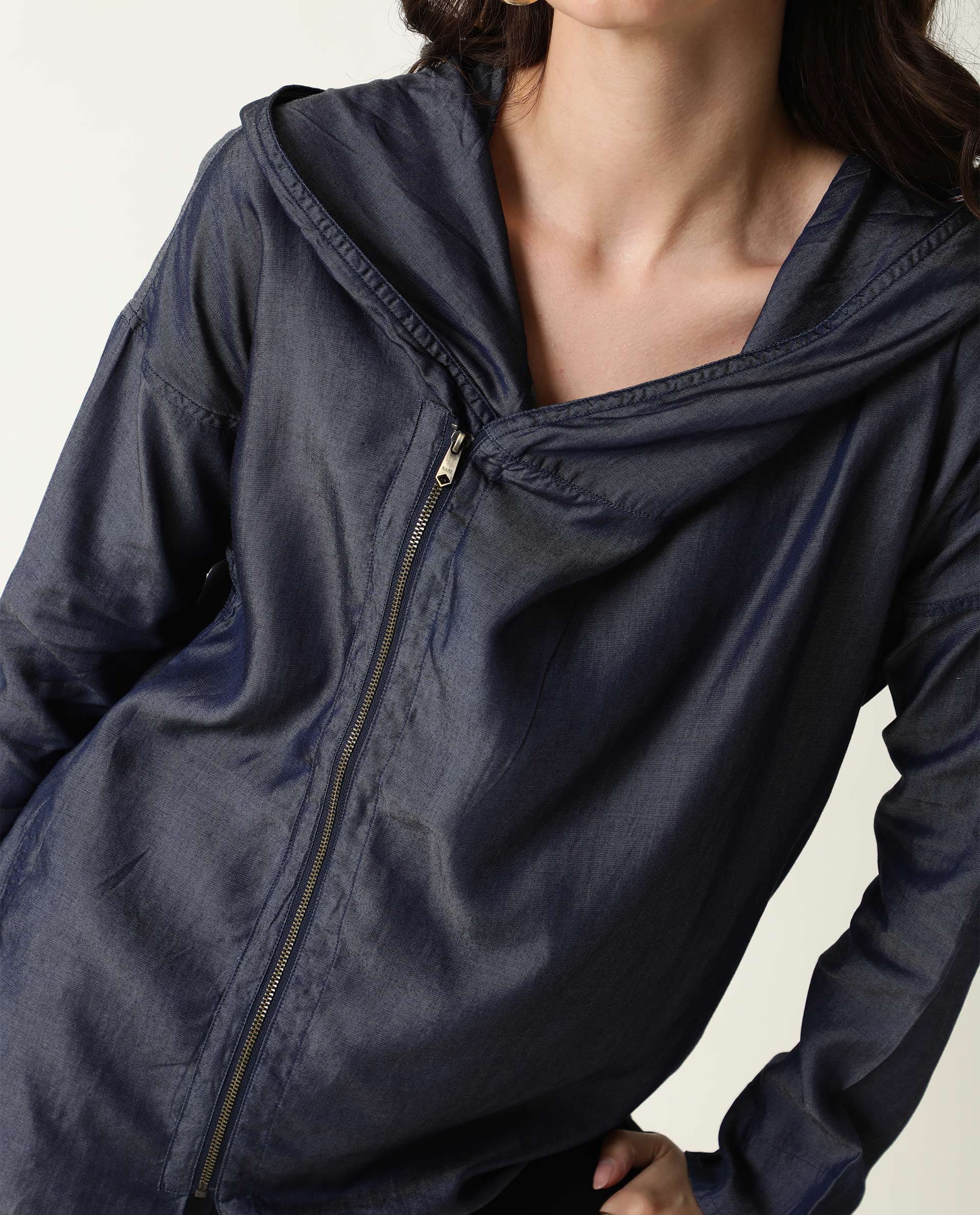 Rareism Womens Hemp Bark Blue Hoodie Zipper Closure - Image 4