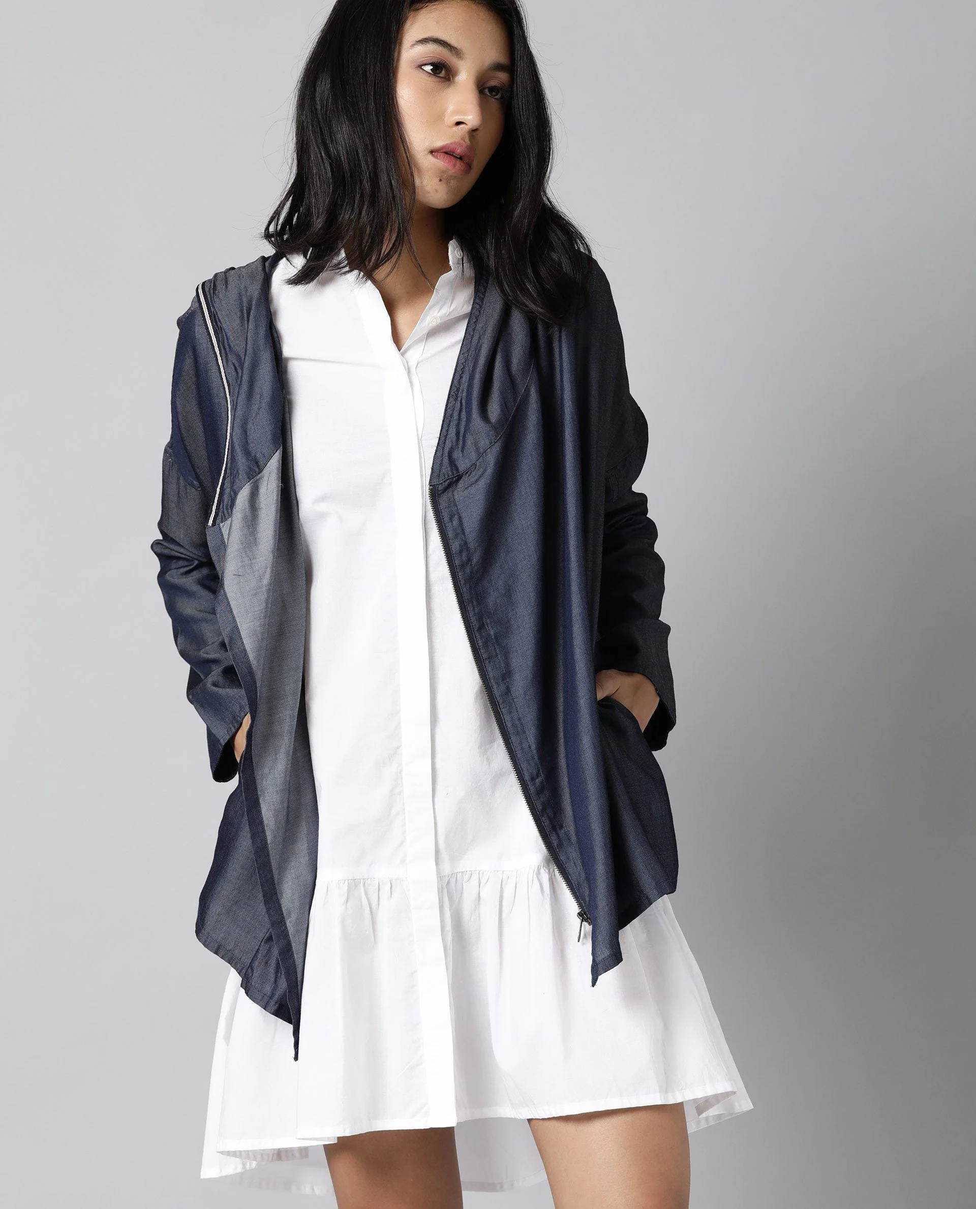 Rareism Womens Hemp Bark Blue Hoodie Zipper Closure - Image 5