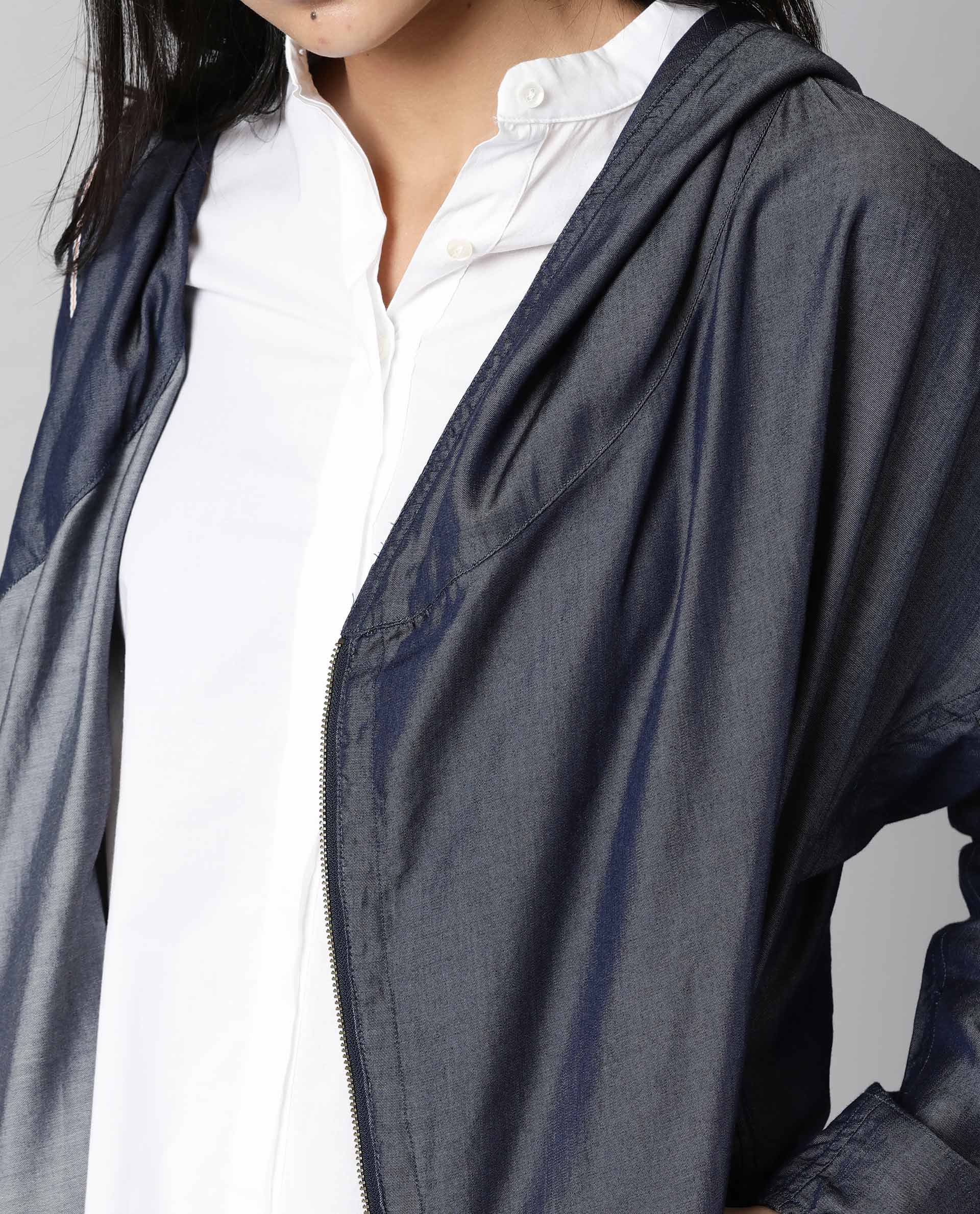 Rareism Womens Hemp Bark Blue Hoodie Zipper Closure - Image 6