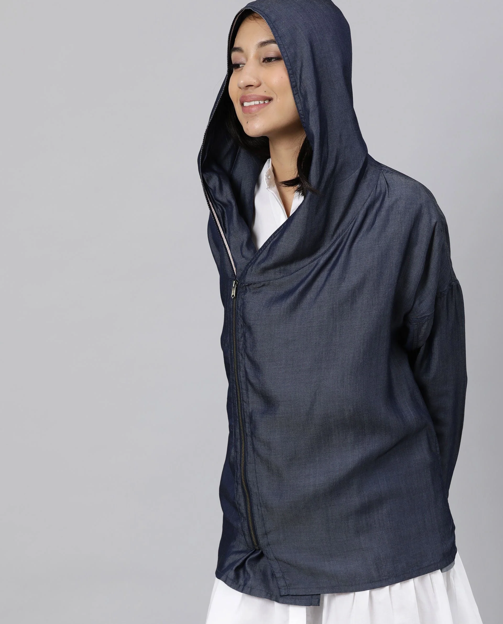 Rareism Womens Hemp Bark Blue Hoodie Zipper Closure - Image 7