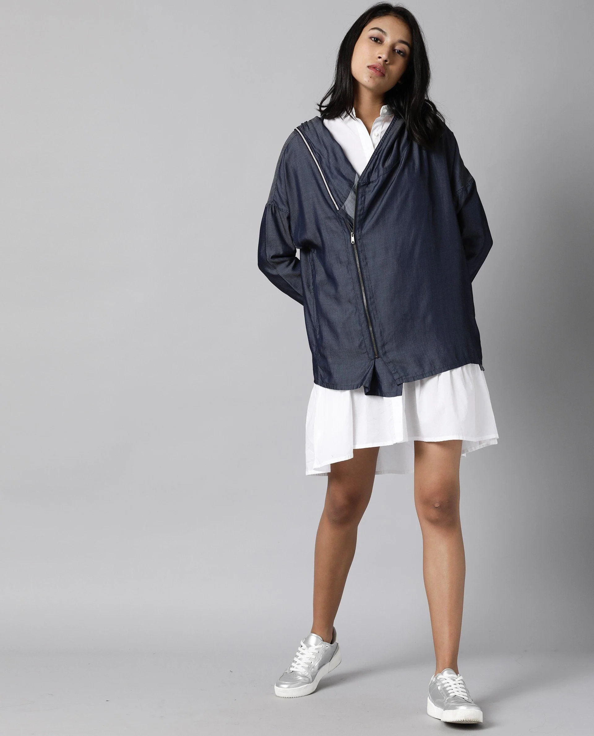 Rareism Womens Hemp Bark Blue Hoodie Zipper Closure - Image 8