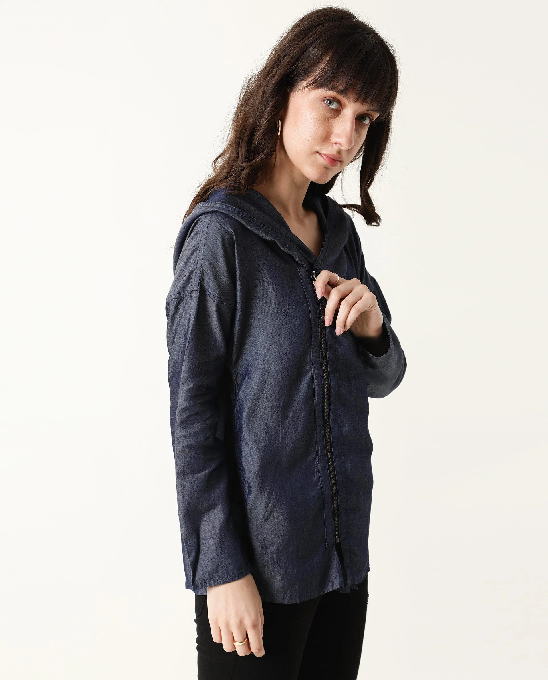 Rareism Womens Hemp Bark Blue Hoodie Zipper Closure - Image 9
