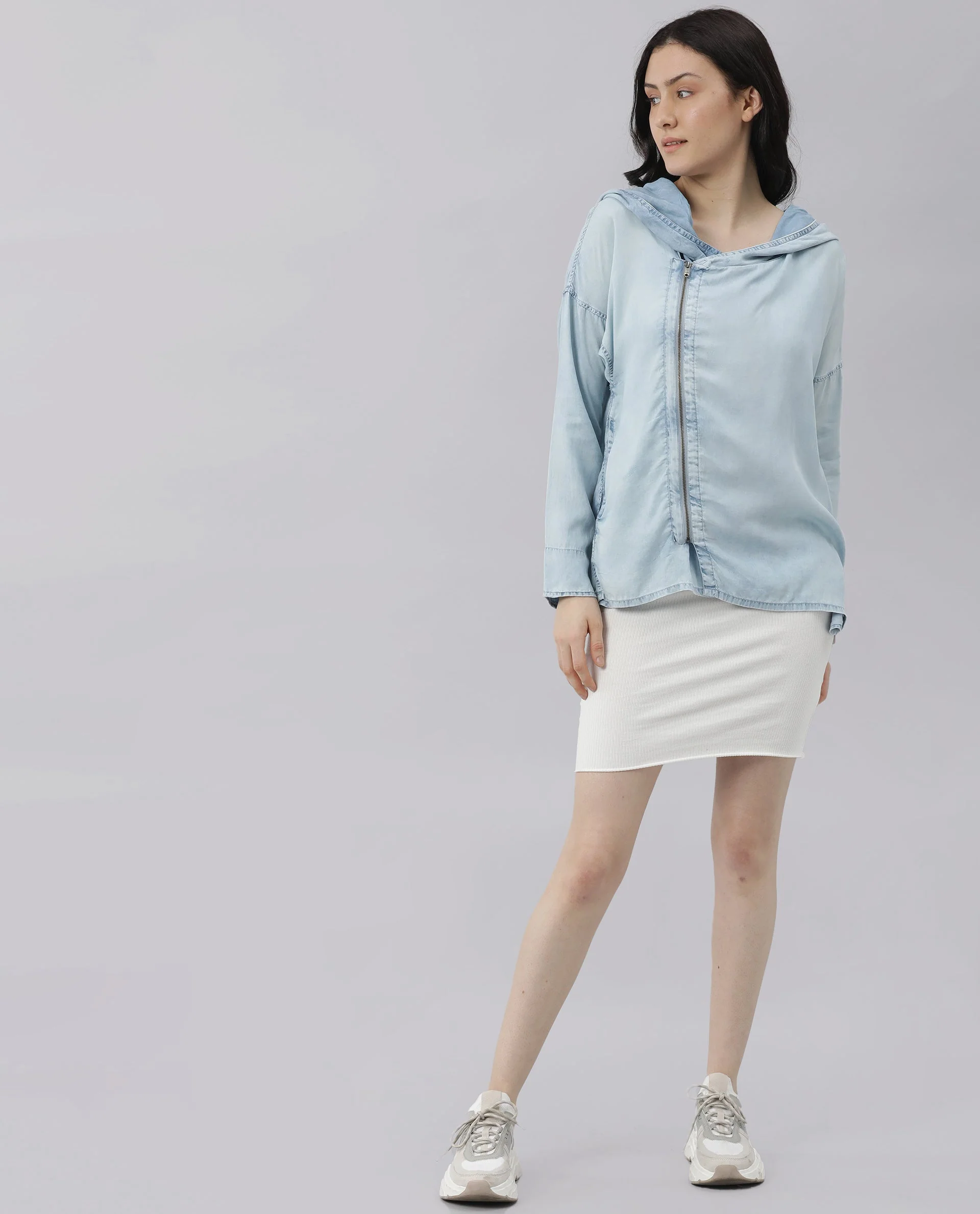 Rareism Womens Hemp Light Blue Hoodie Zipper Closure - Image 2