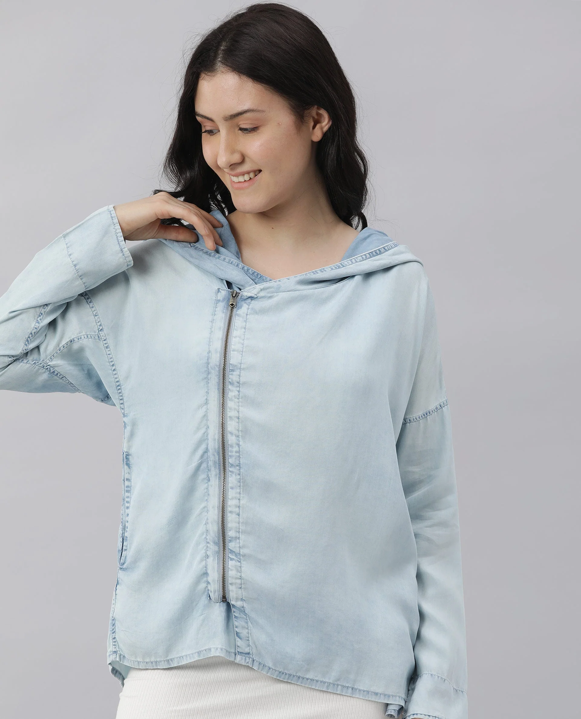 Rareism Womens Hemp Light Blue Hoodie Zipper Closure - Image 4