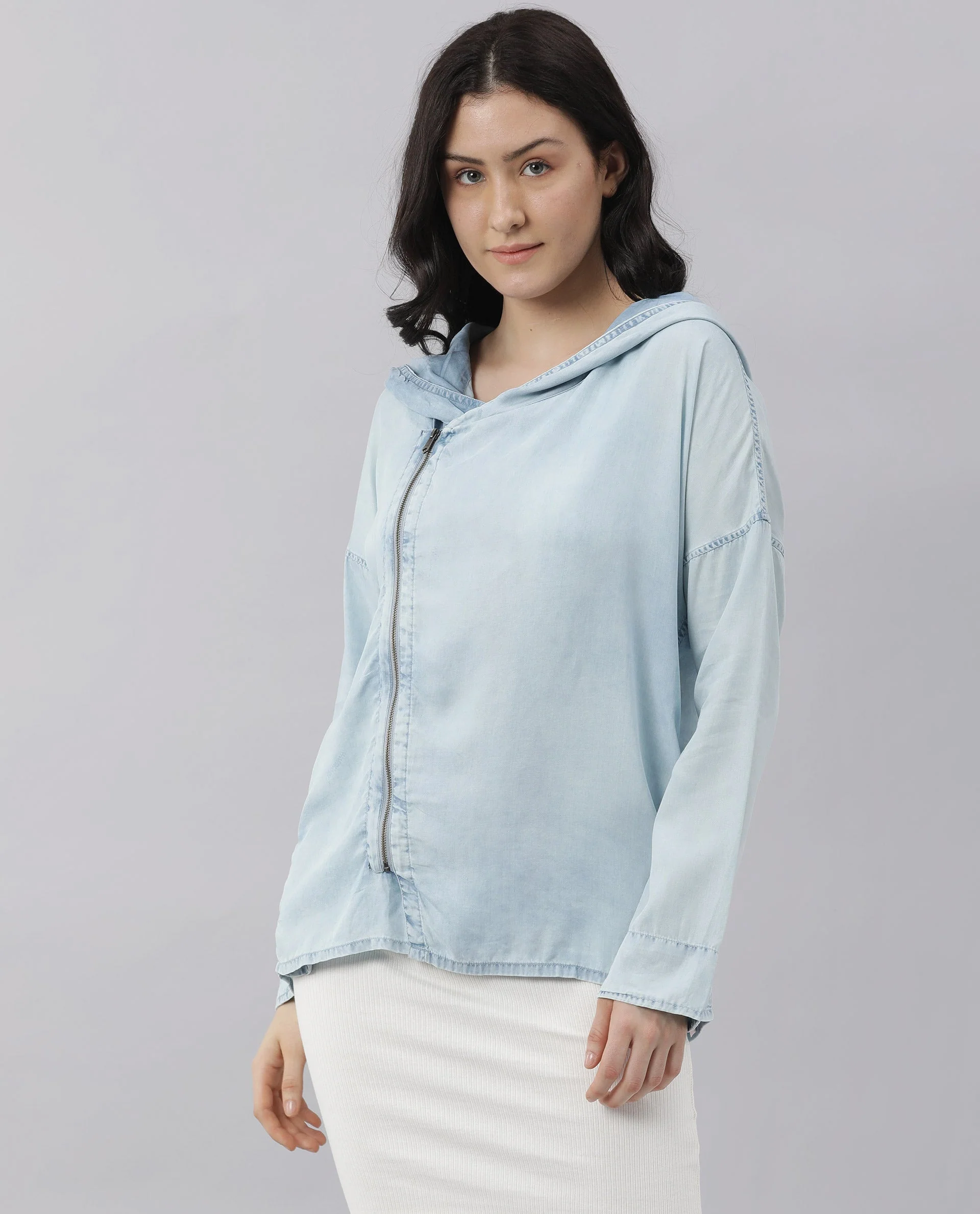 Rareism Womens Hemp Light Blue Hoodie Zipper Closure - Image 5