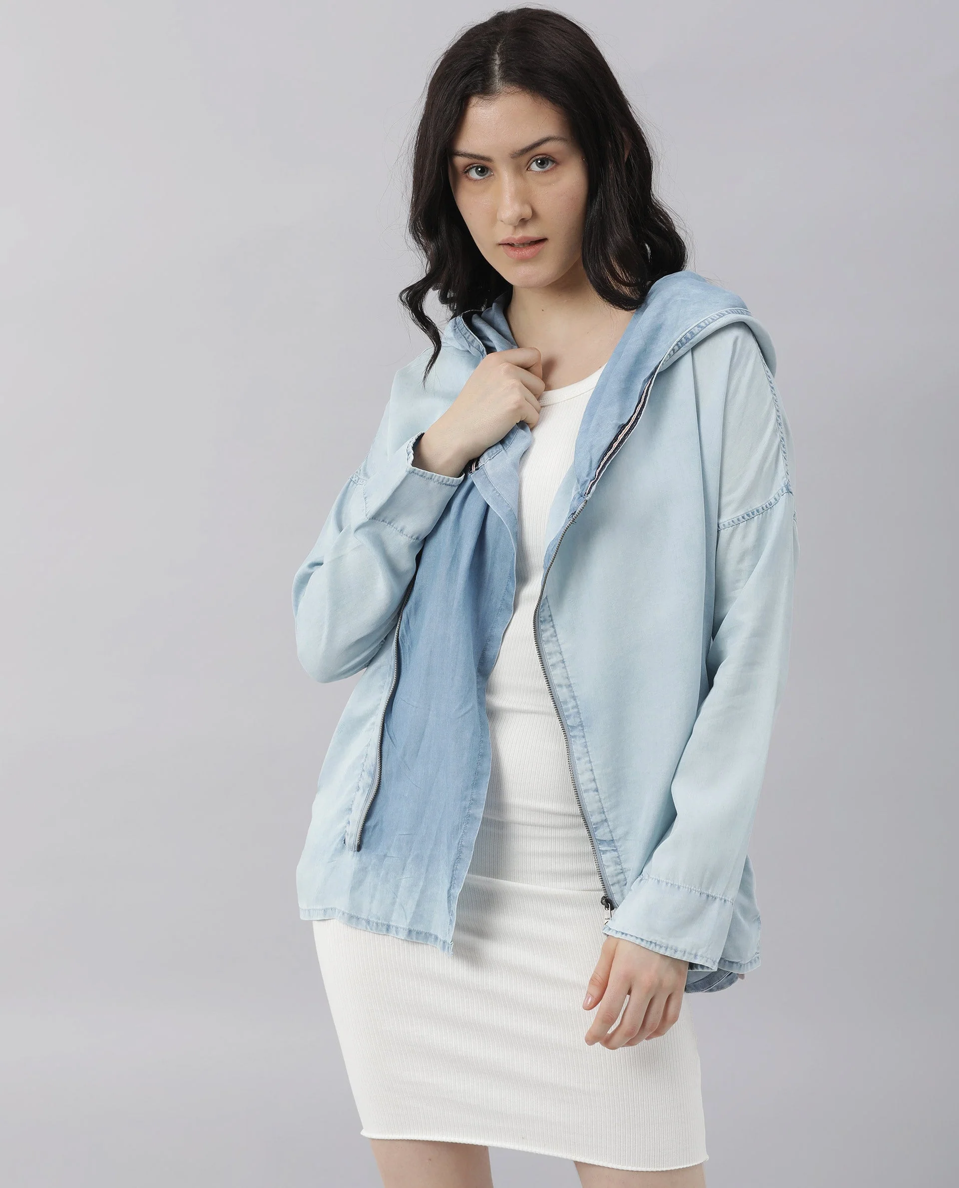 Rareism Womens Hemp Light Blue Hoodie Zipper Closure - Image 6