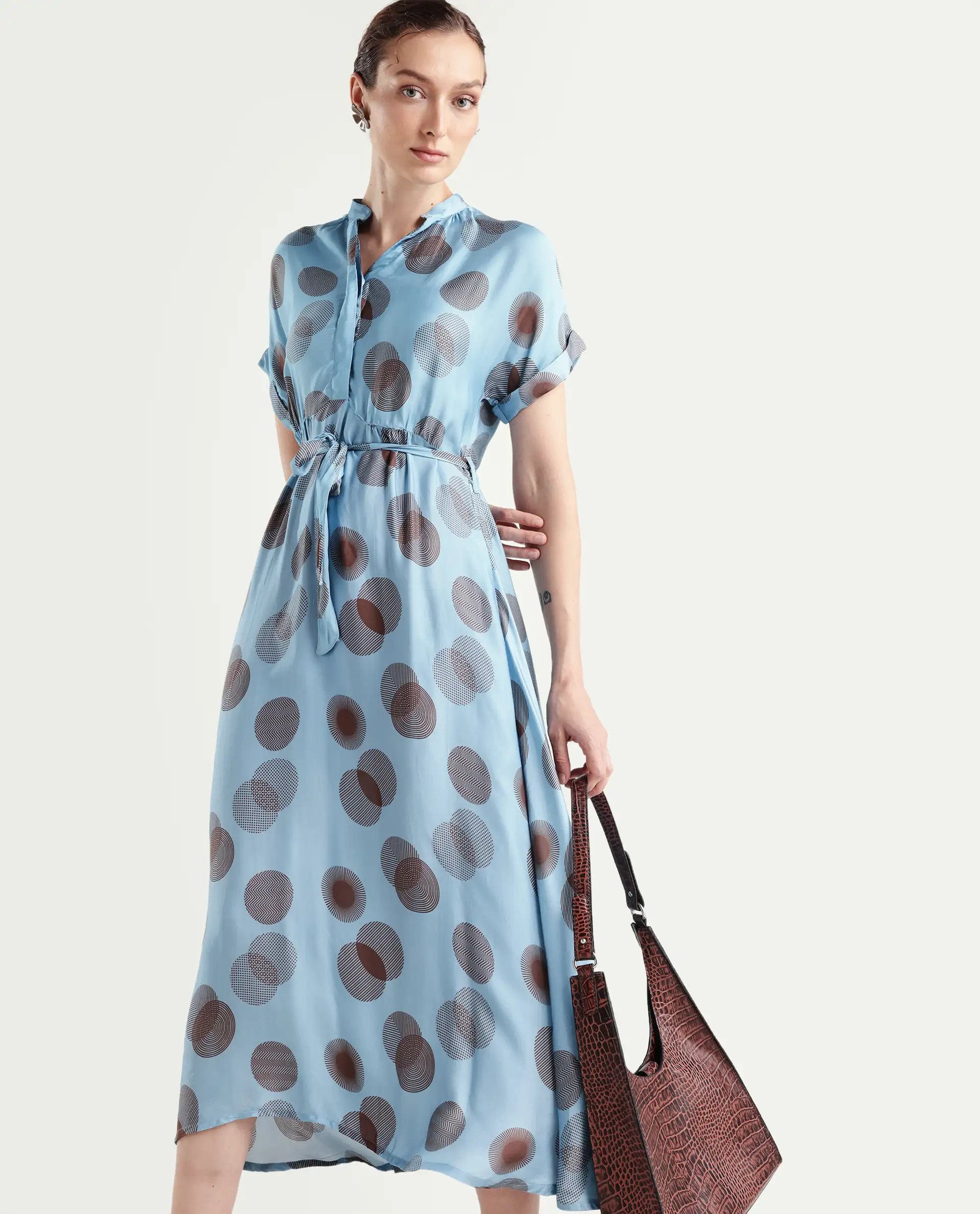 Rareism Womens Hen Blue Dress Cotton Silk Fabric Relaxed Fit Drop Shoulder Half Sleeve A Line Dress Long Length - Image 2