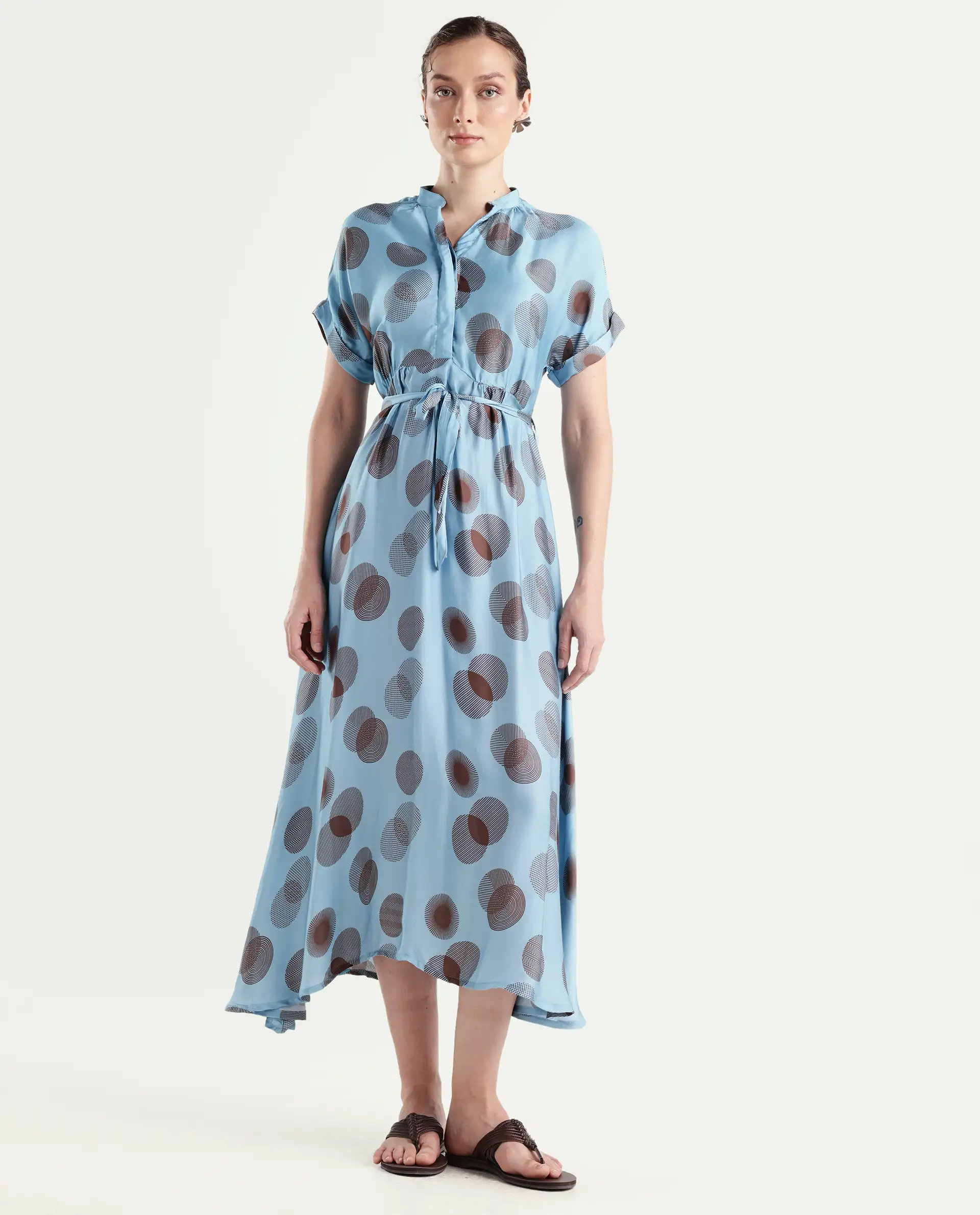 Rareism Womens Hen Blue Dress Cotton Silk Fabric Relaxed Fit Drop Shoulder Half Sleeve A Line Dress Long Length - Image 3