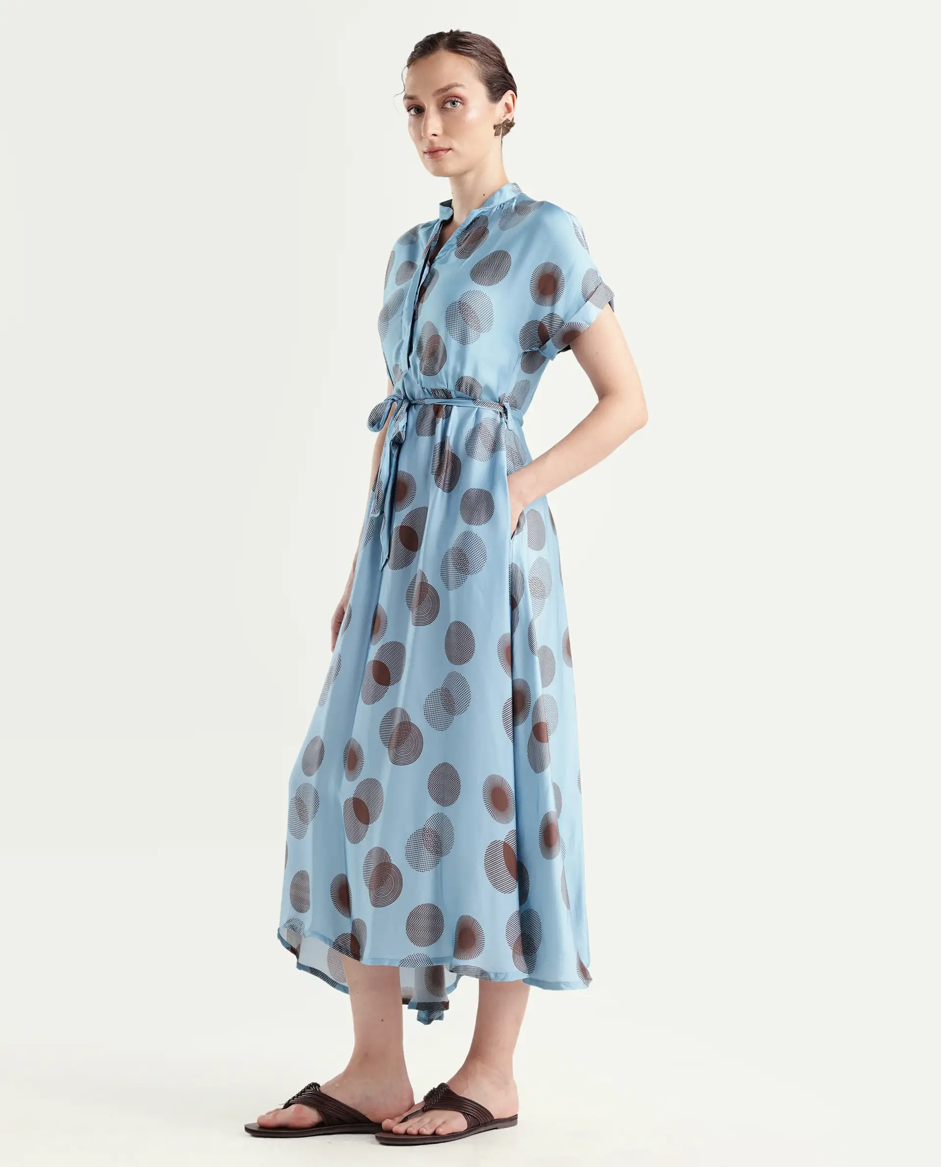 Rareism Womens Hen Blue Dress Cotton Silk Fabric Relaxed Fit Drop Shoulder Half Sleeve A Line Dress Long Length - Image 5