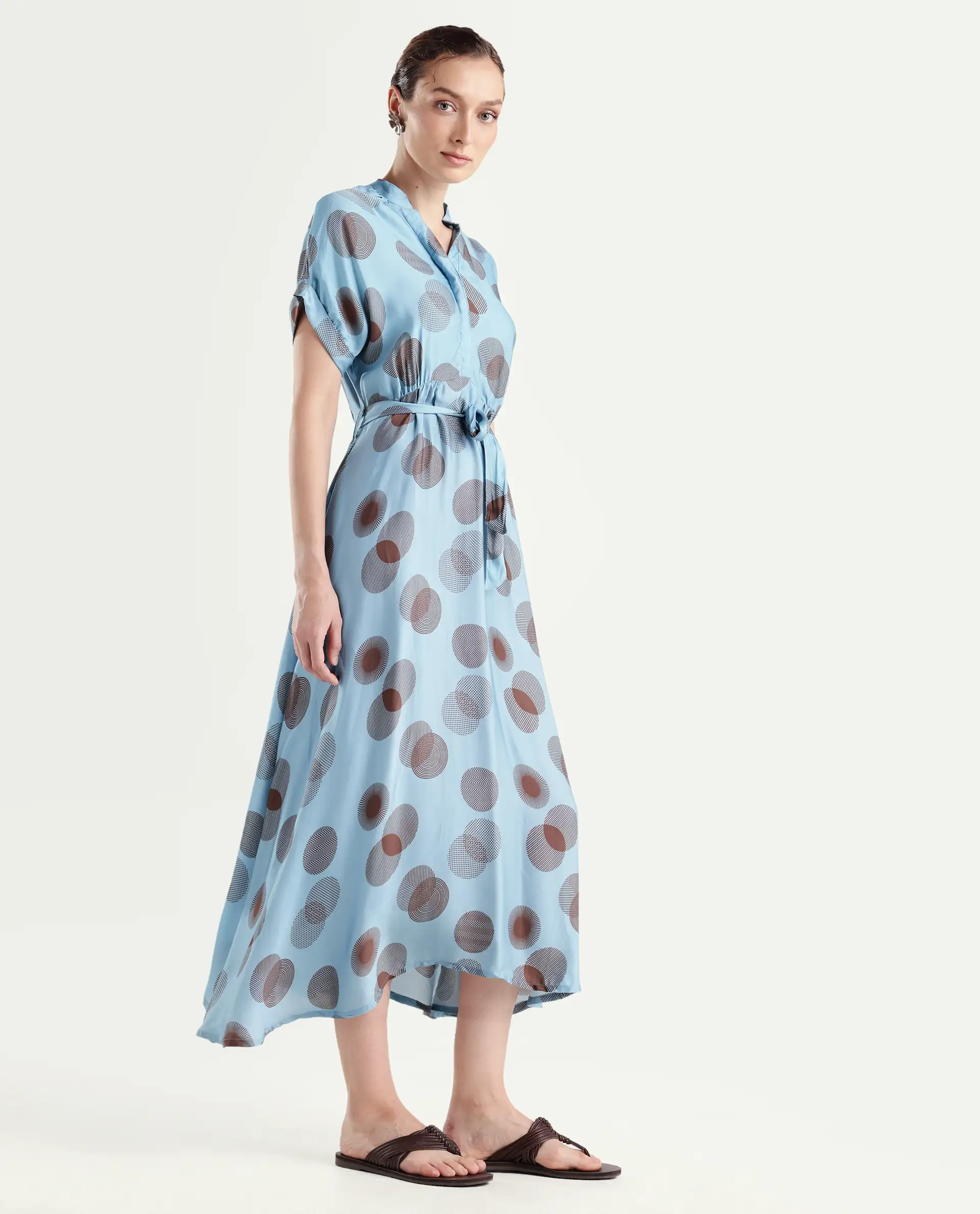 Rareism Womens Hen Blue Dress Cotton Silk Fabric Relaxed Fit Drop Shoulder Half Sleeve A Line Dress Long Length - Image 6