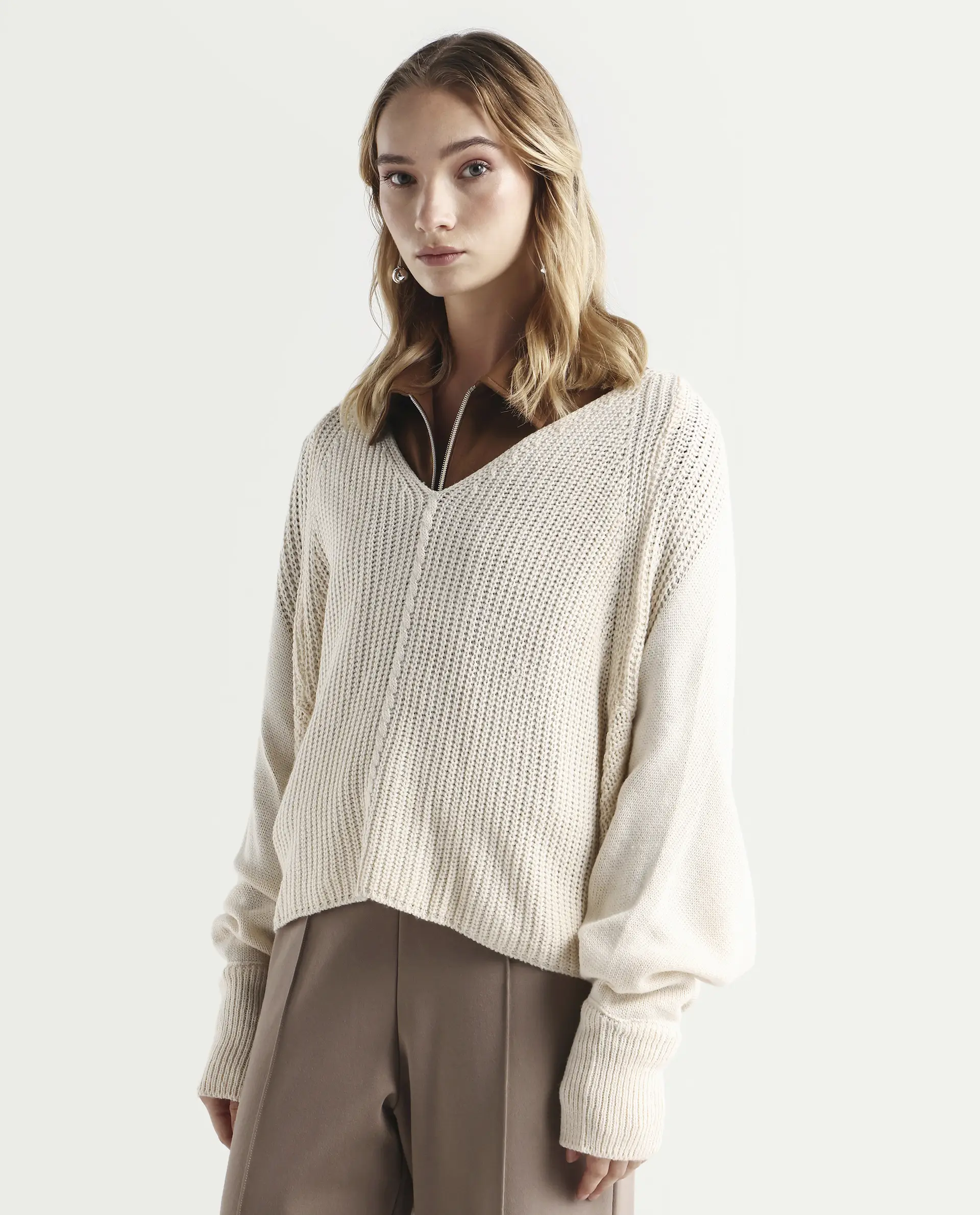 Rareism Women's Henares Off White Acrylic V-Neck Plain Relaxed Fit Sweater - Image 5