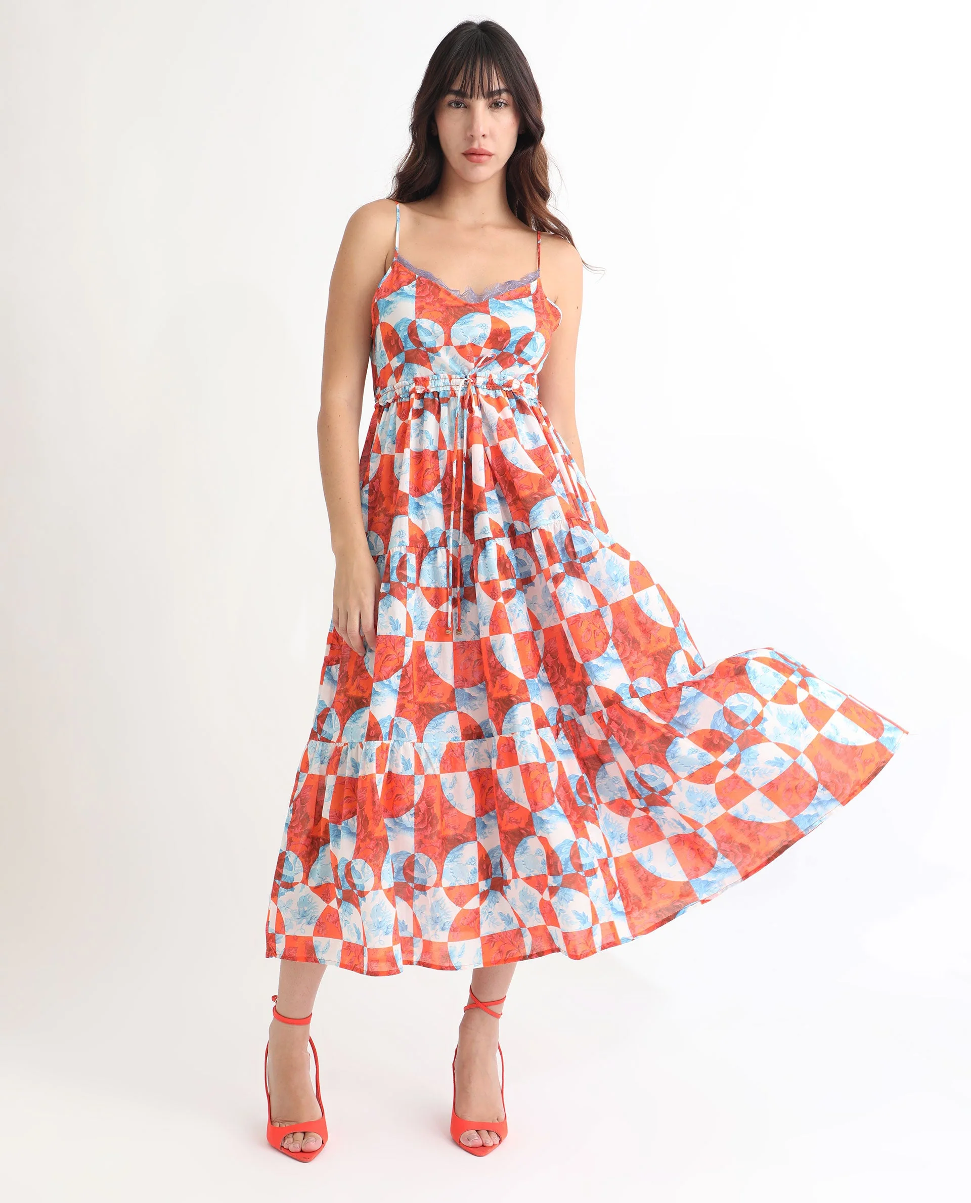 Rareism Women's Henderson Orange Cotton V-Neck Abstract Print Shoulder Strap Maxi Regular Fit Dress