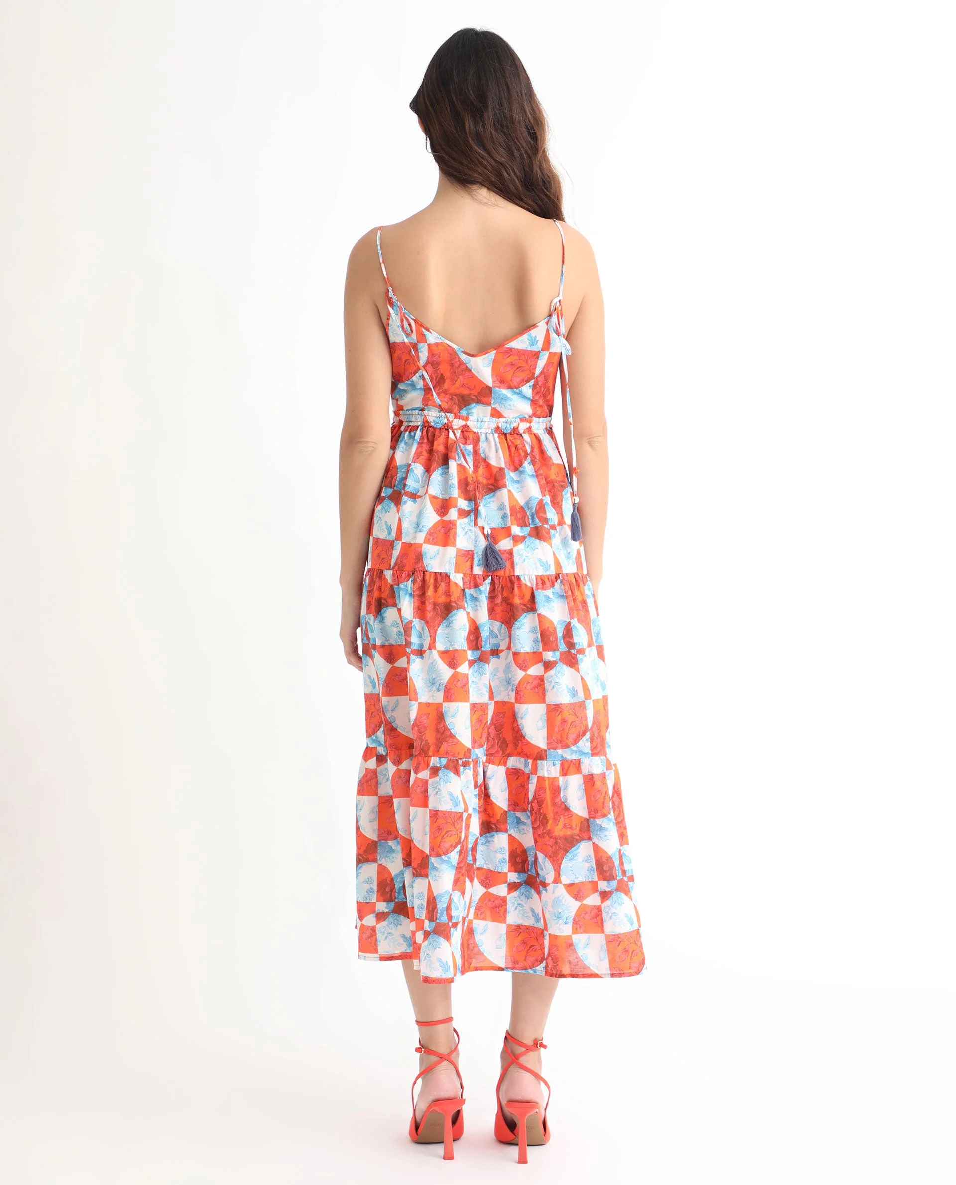 Rareism Women's Henderson Orange Cotton V-Neck Abstract Print Shoulder Strap Maxi Regular Fit Dress - Image 10