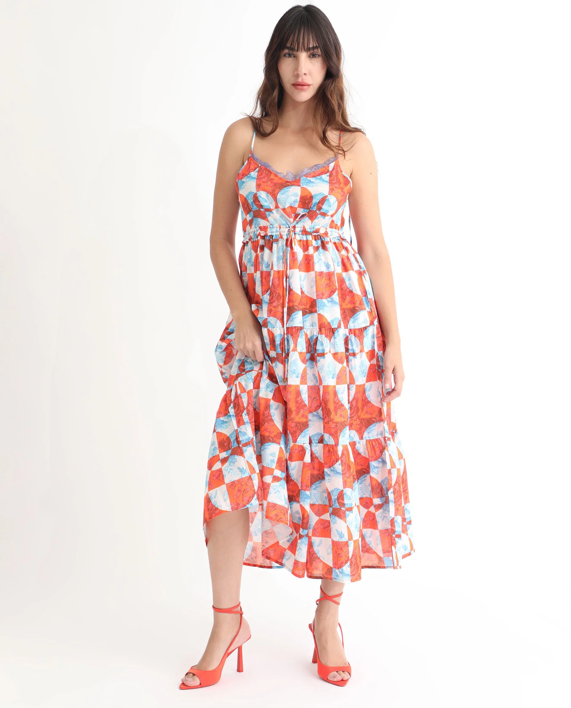 Rareism Women's Henderson Orange Cotton V-Neck Abstract Print Shoulder Strap Maxi Regular Fit Dress - Image 3