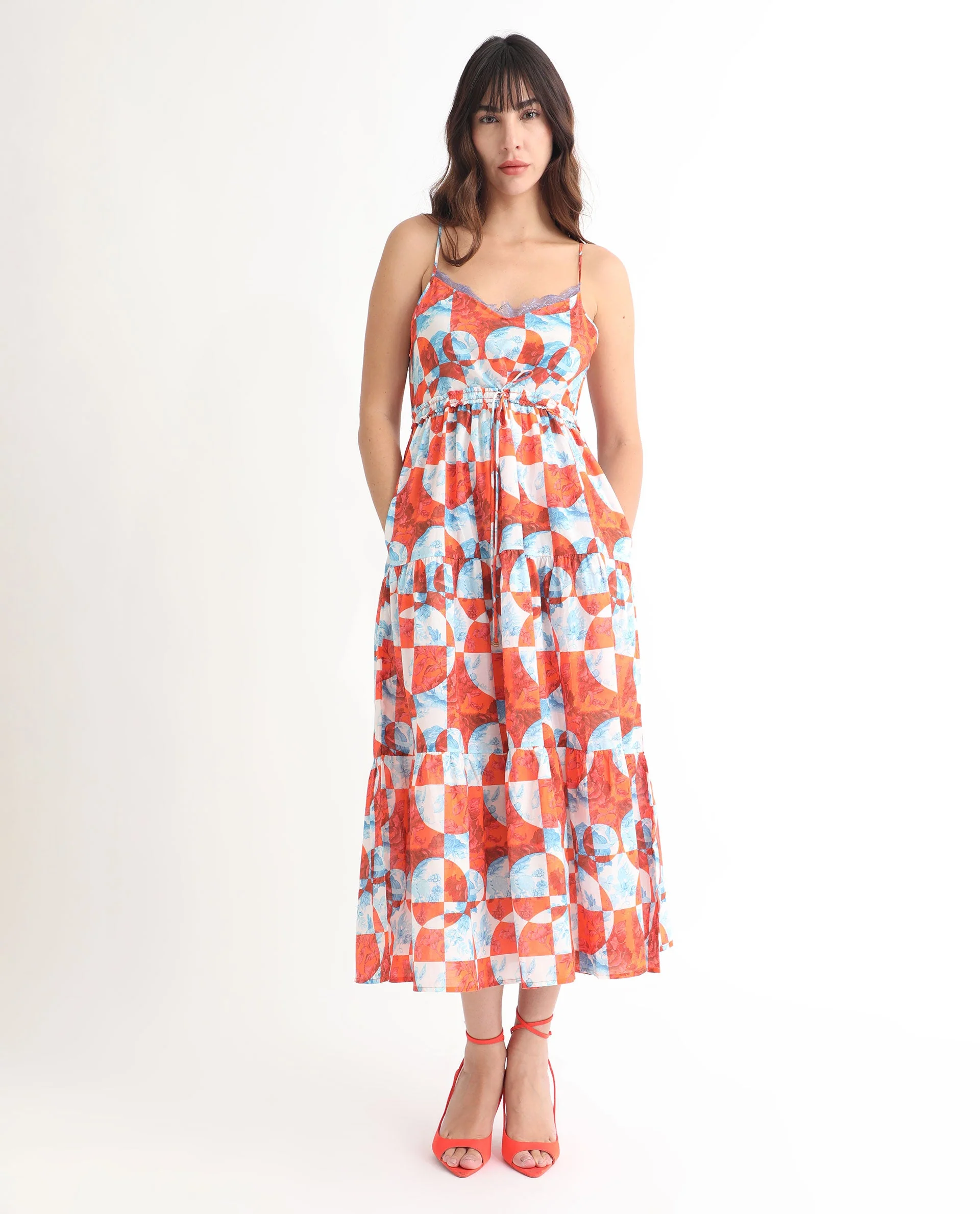 Rareism Women's Henderson Orange Cotton V-Neck Abstract Print Shoulder Strap Maxi Regular Fit Dress - Image 4