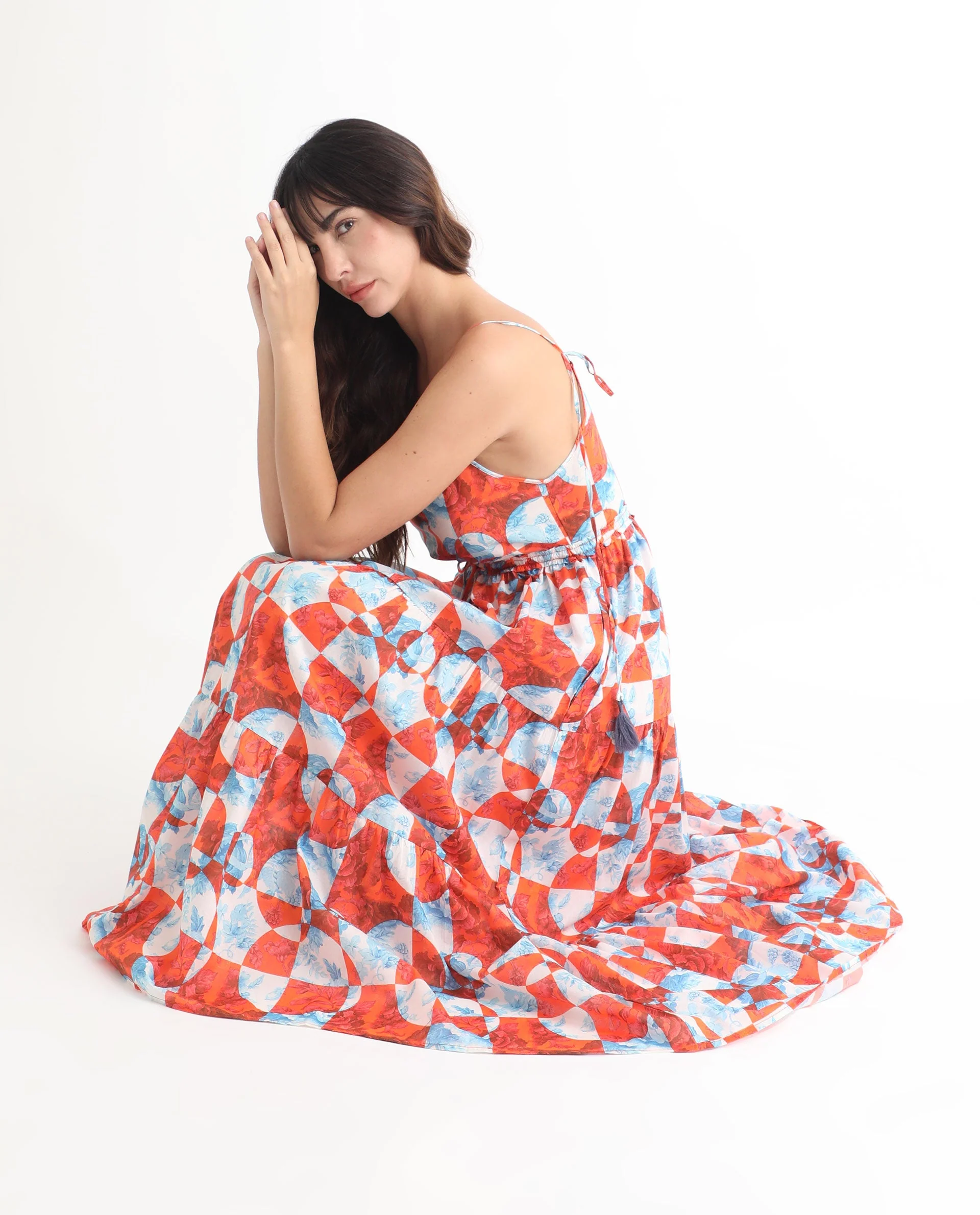 Rareism Women's Henderson Orange Cotton V-Neck Abstract Print Shoulder Strap Maxi Regular Fit Dress - Image 6