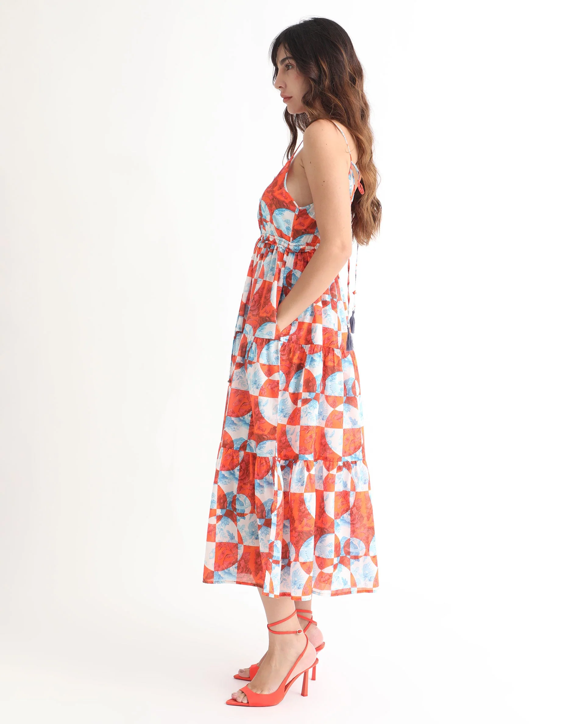 Rareism Women's Henderson Orange Cotton V-Neck Abstract Print Shoulder Strap Maxi Regular Fit Dress - Image 7