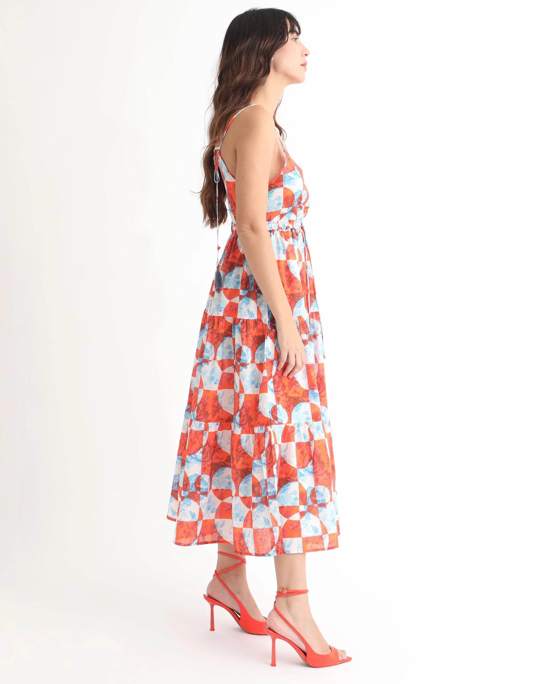Rareism Women's Henderson Orange Cotton V-Neck Abstract Print Shoulder Strap Maxi Regular Fit Dress - Image 8