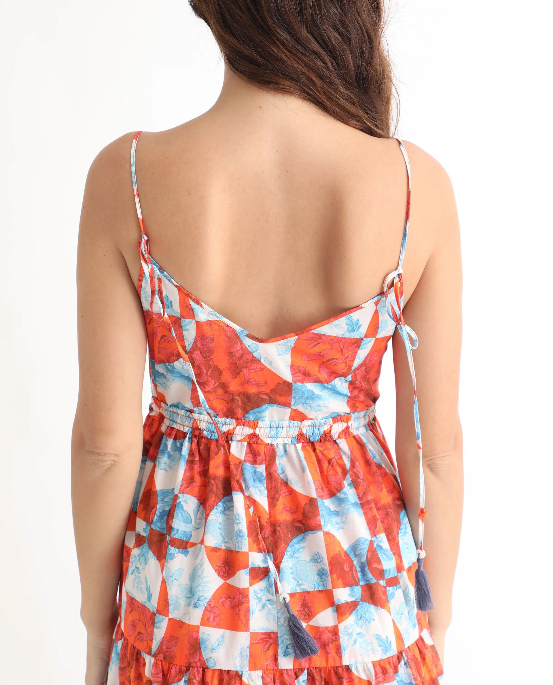 Rareism Women's Henderson Orange Cotton V-Neck Abstract Print Shoulder Strap Maxi Regular Fit Dress - Image 9