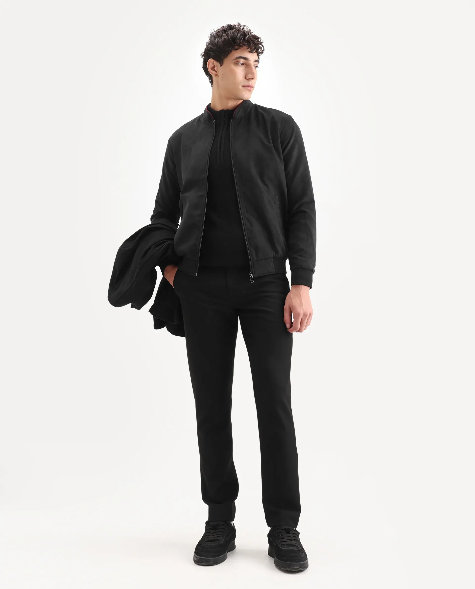 Rare Rabbit Men's Henron Black Suede Plain Regular Fit Full Sleeve Mandarin Collar Jacket - Image 2