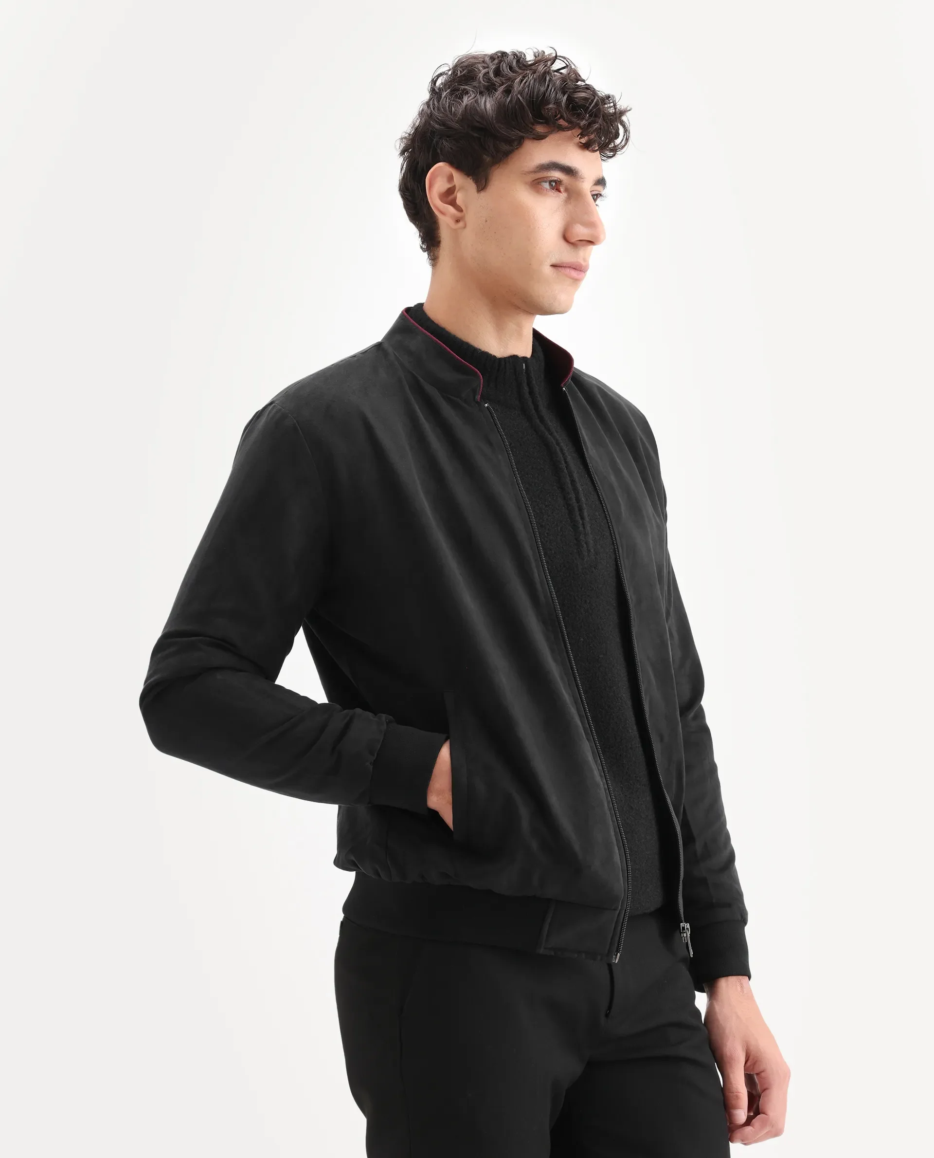 Rare Rabbit Men's Henron Black Suede Plain Regular Fit Full Sleeve Mandarin Collar Jacket - Image 6