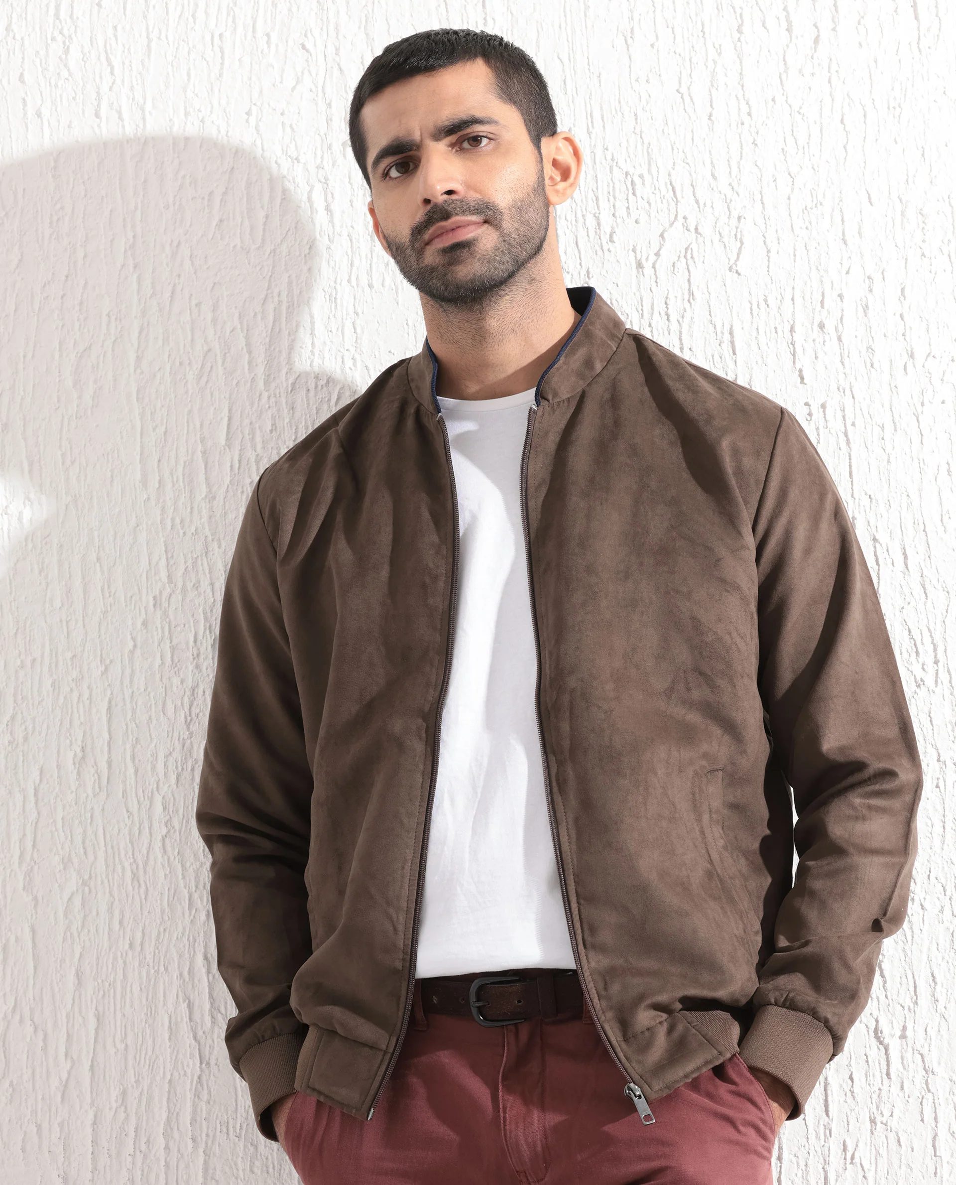 Rare Rabbit Men's Henron Dark Brown Suede Plain Regular Fit Full Sleeve Mandarin Collar Jacket