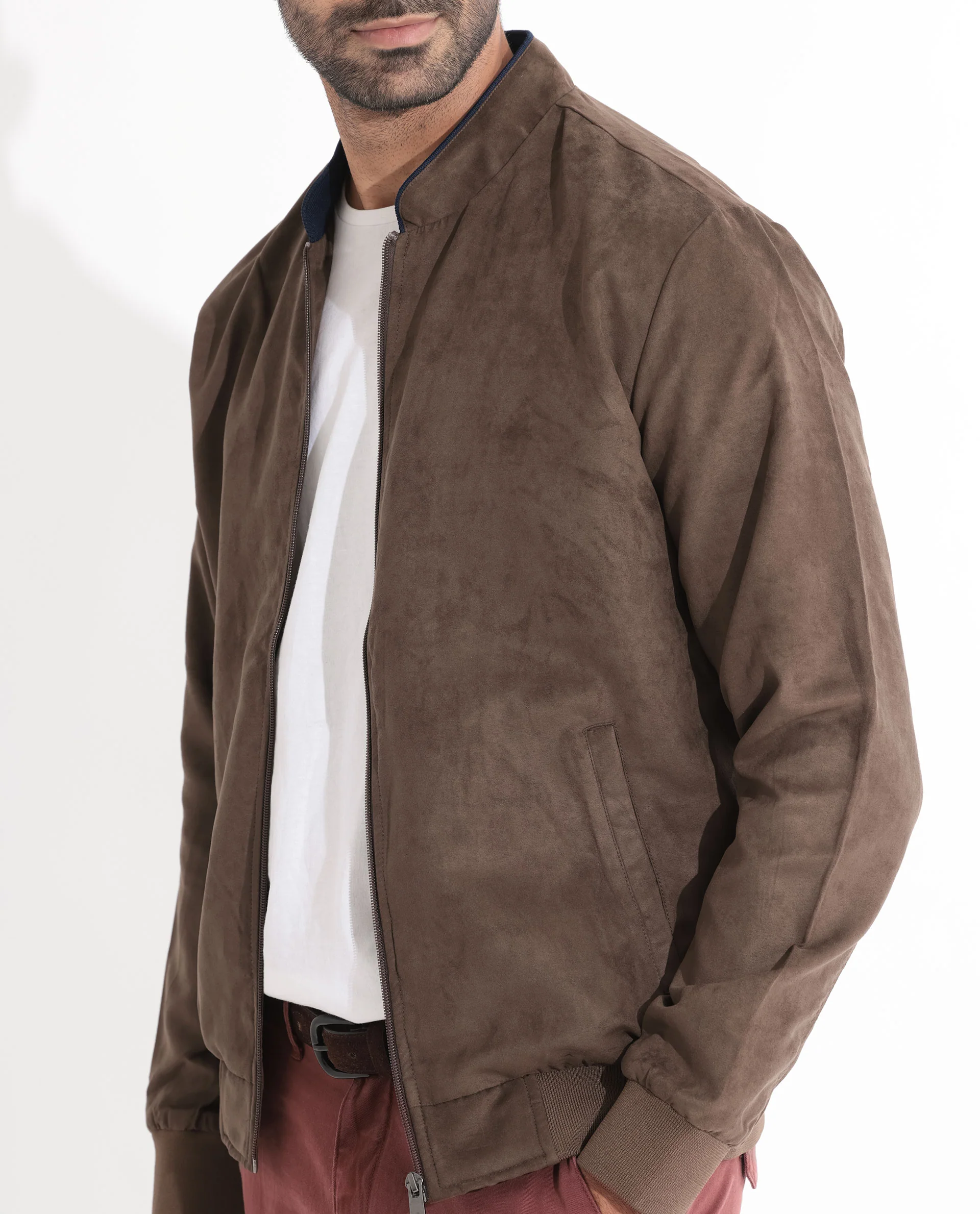 Rare Rabbit Men's Henron Dark Brown Suede Plain Regular Fit Full Sleeve Mandarin Collar Jacket - Image 5