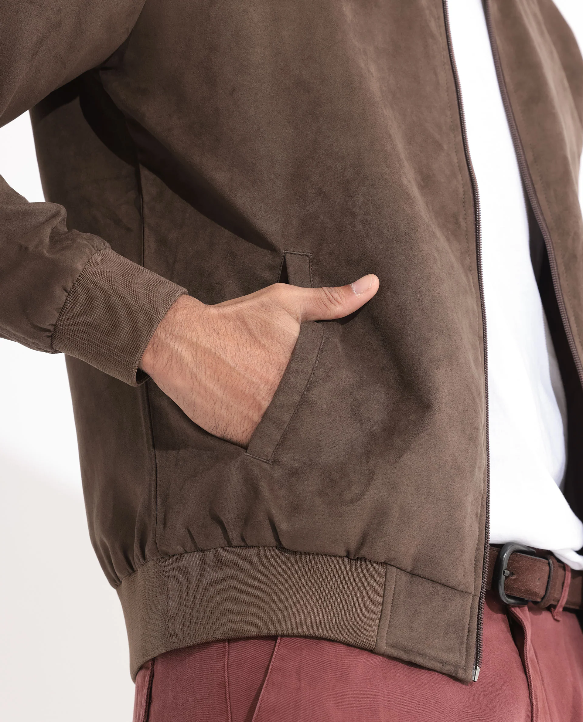 Rare Rabbit Men's Henron Dark Brown Suede Plain Regular Fit Full Sleeve Mandarin Collar Jacket - Image 6