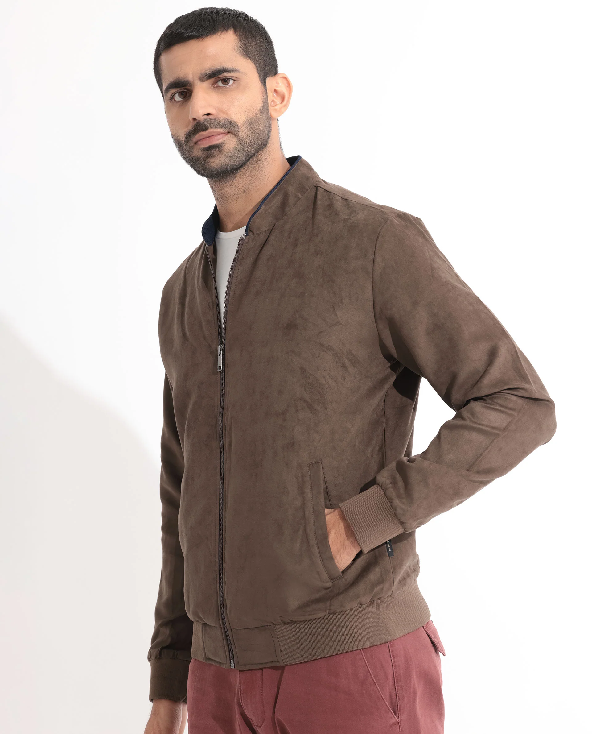 Rare Rabbit Men's Henron Dark Brown Suede Plain Regular Fit Full Sleeve Mandarin Collar Jacket - Image 7
