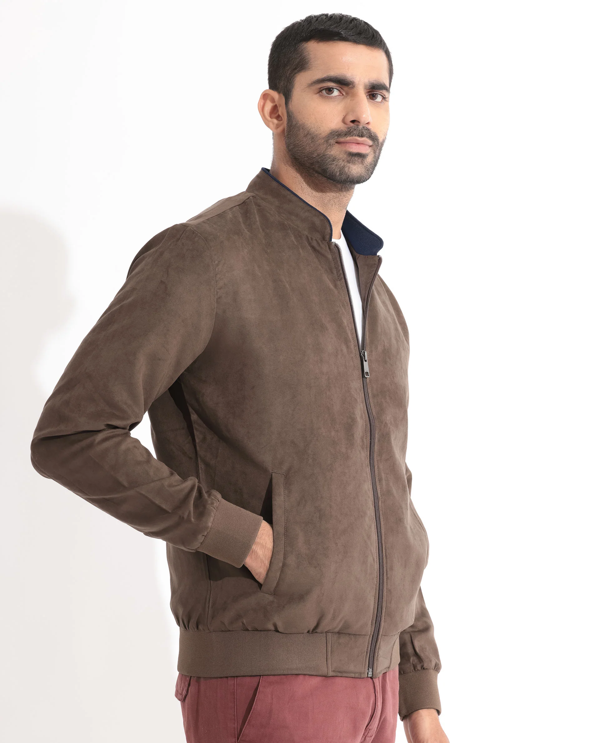 Rare Rabbit Men's Henron Dark Brown Suede Plain Regular Fit Full Sleeve Mandarin Collar Jacket - Image 8