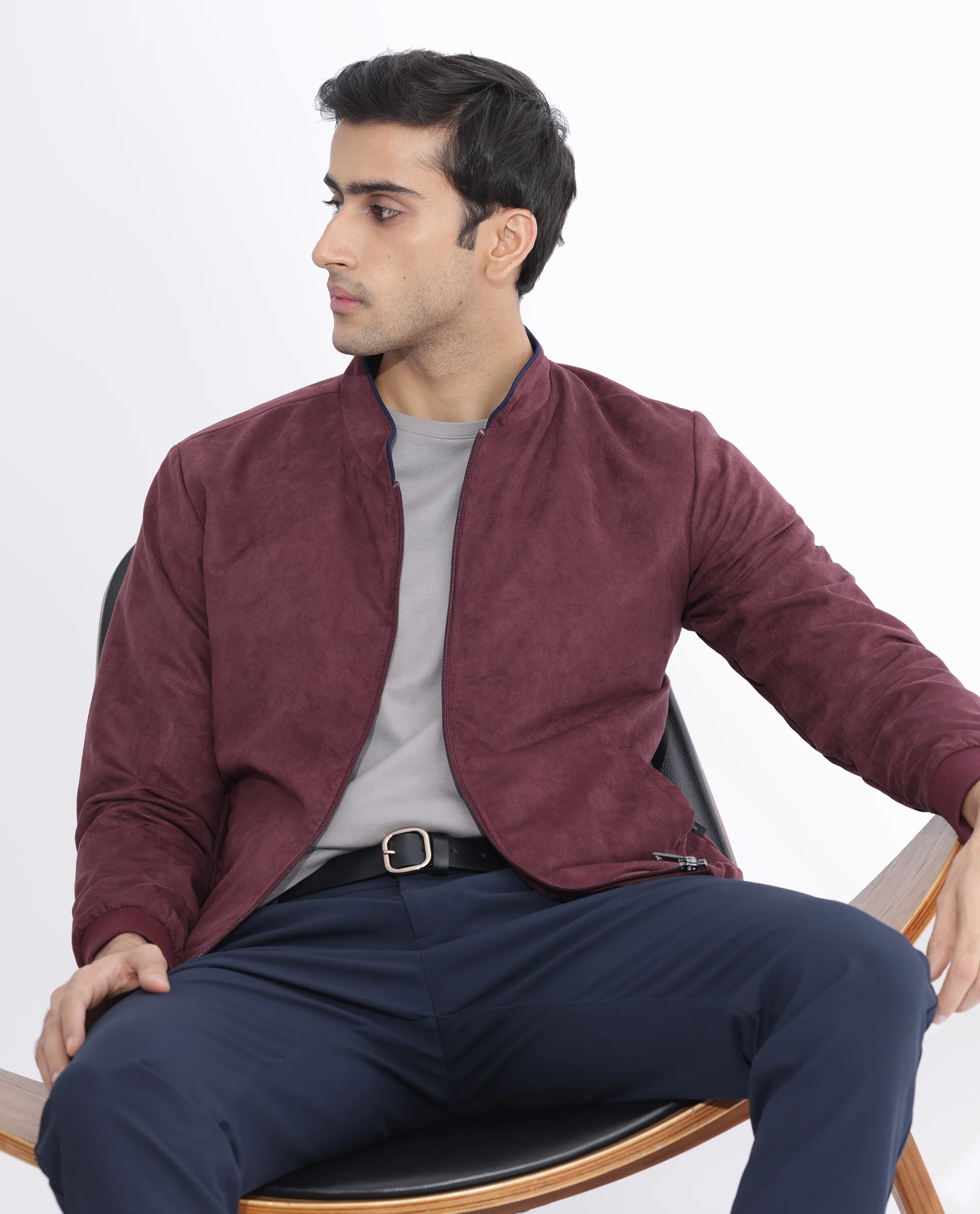 Rare Rabbit Men's Henron Dark Red Suede Plain Regular Fit Full Sleeve Mandarin Collar Jacket