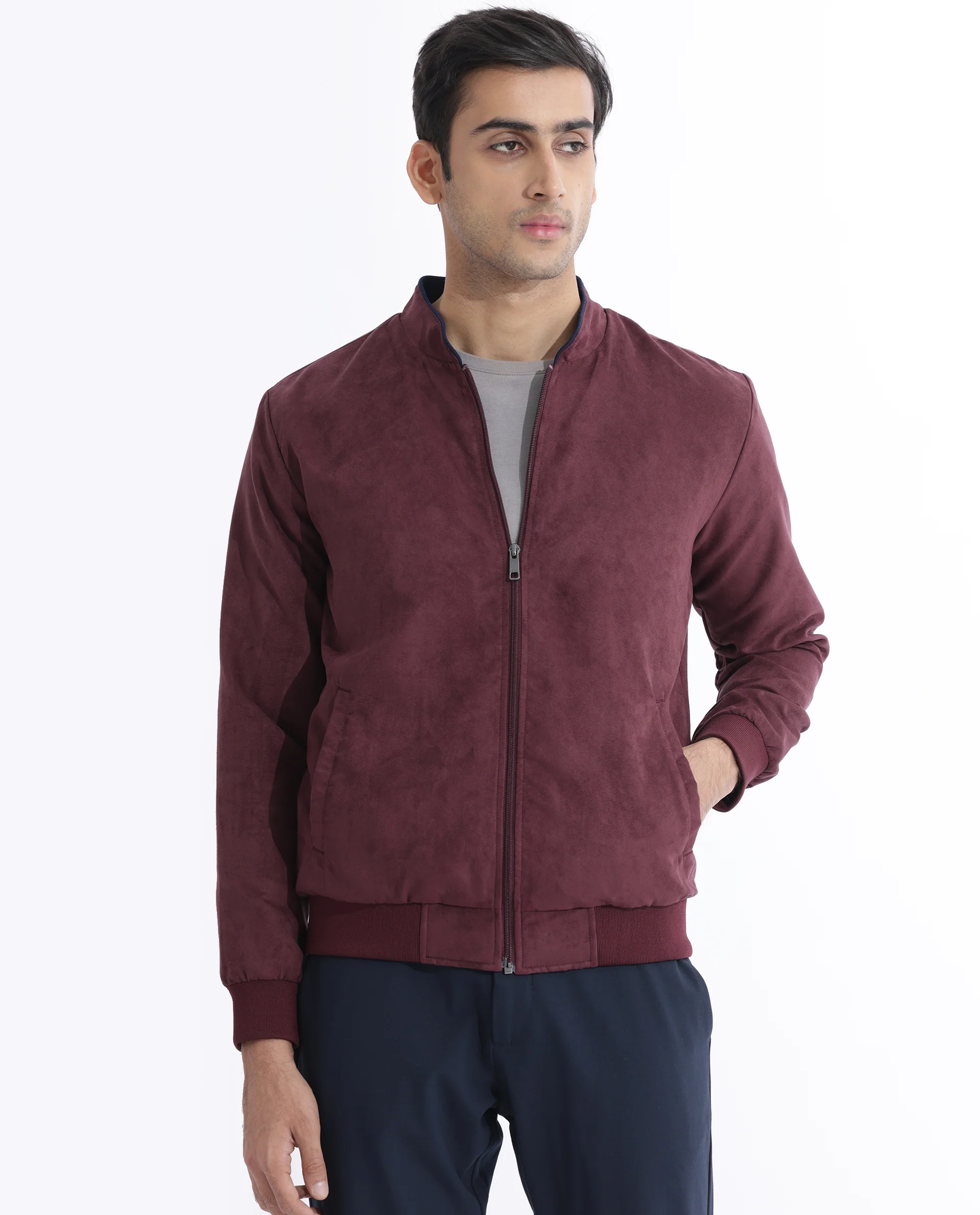 Rare Rabbit Men's Henron Dark Red Suede Plain Regular Fit Full Sleeve Mandarin Collar Jacket - Image 10