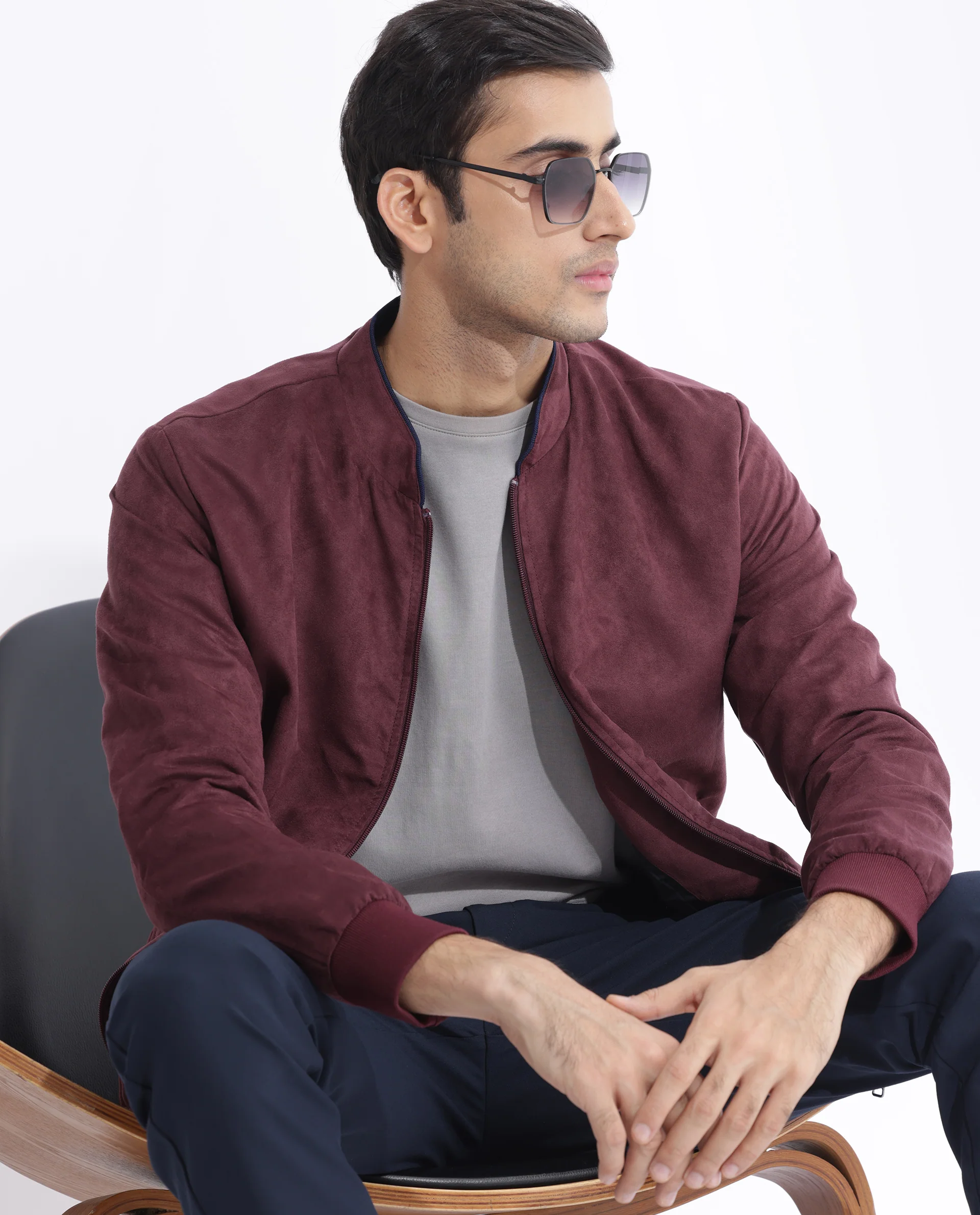 Rare Rabbit Men's Henron Dark Red Suede Plain Regular Fit Full Sleeve Mandarin Collar Jacket - Image 2
