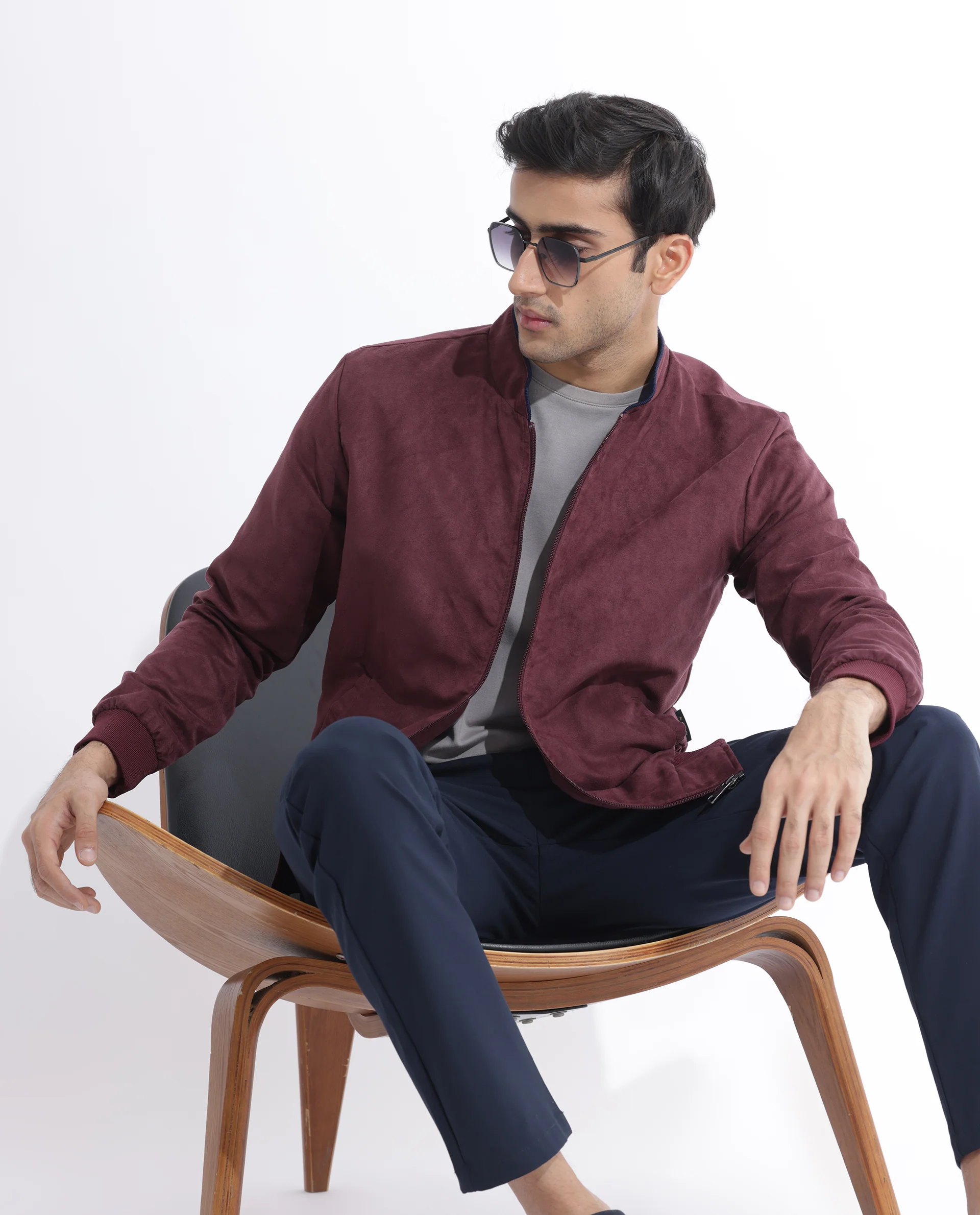 Rare Rabbit Men's Henron Dark Red Suede Plain Regular Fit Full Sleeve Mandarin Collar Jacket - Image 3