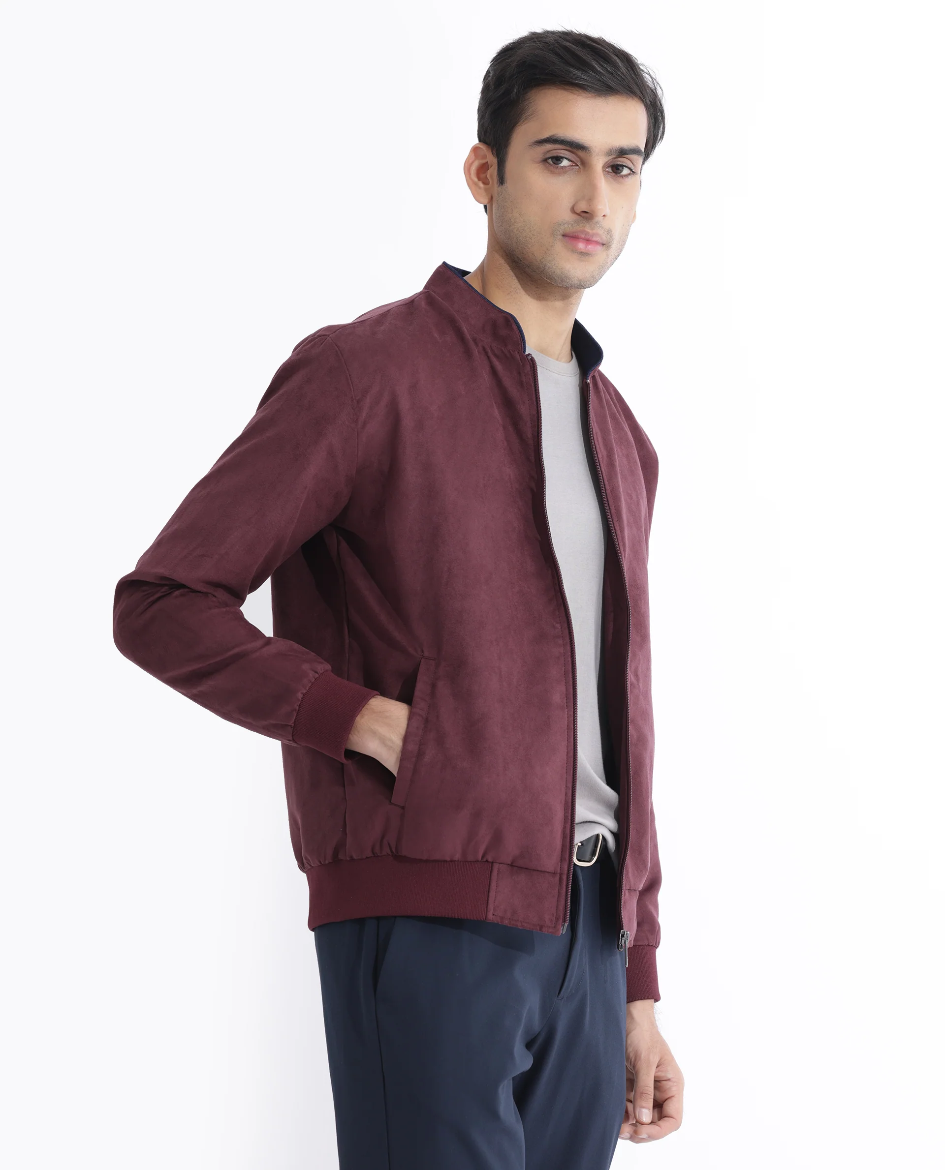Rare Rabbit Men's Henron Dark Red Suede Plain Regular Fit Full Sleeve Mandarin Collar Jacket - Image 5