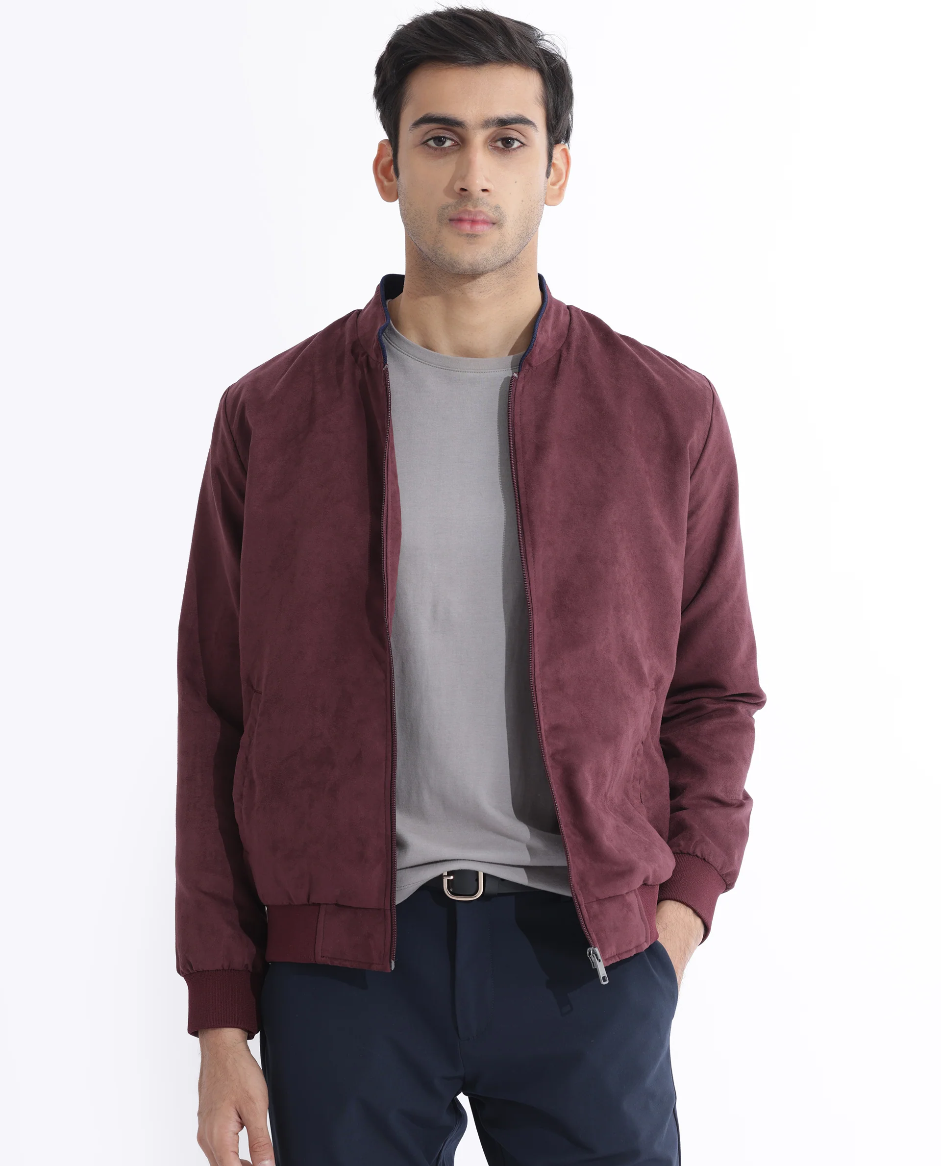 Rare Rabbit Men's Henron Dark Red Suede Plain Regular Fit Full Sleeve Mandarin Collar Jacket - Image 6
