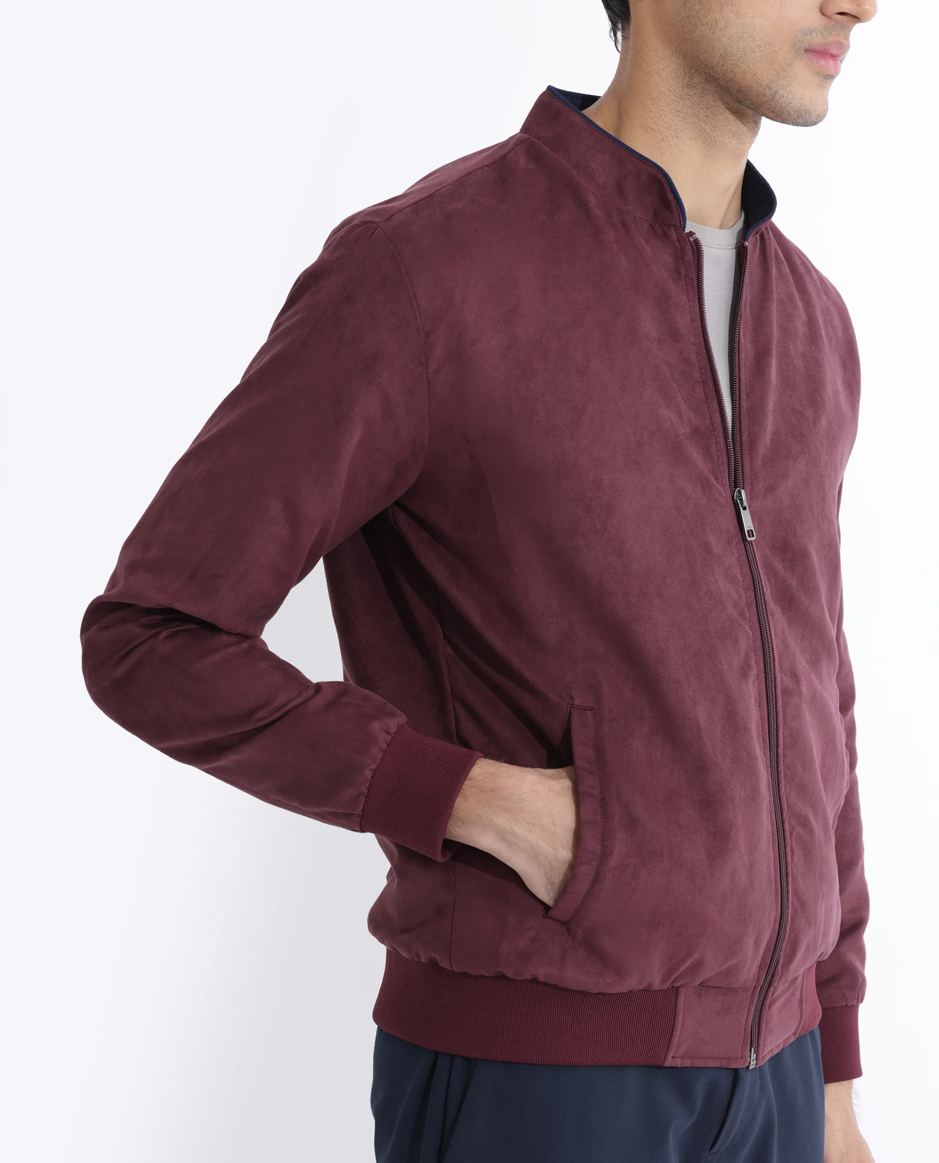 Rare Rabbit Men's Henron Dark Red Suede Plain Regular Fit Full Sleeve Mandarin Collar Jacket - Image 9