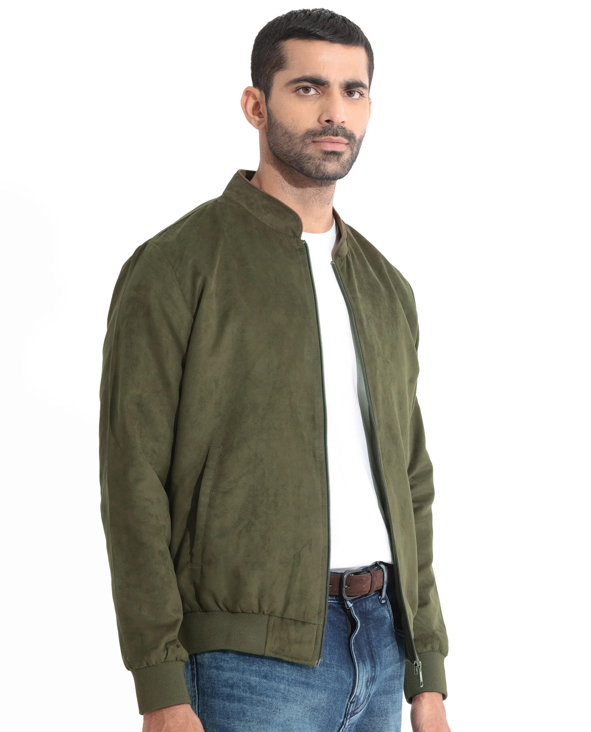 Rare Rabbit Men's Henron Pastel Green Suede Plain Regular Fit Full Sleeve Mandarin Collar Jacket - Image 3