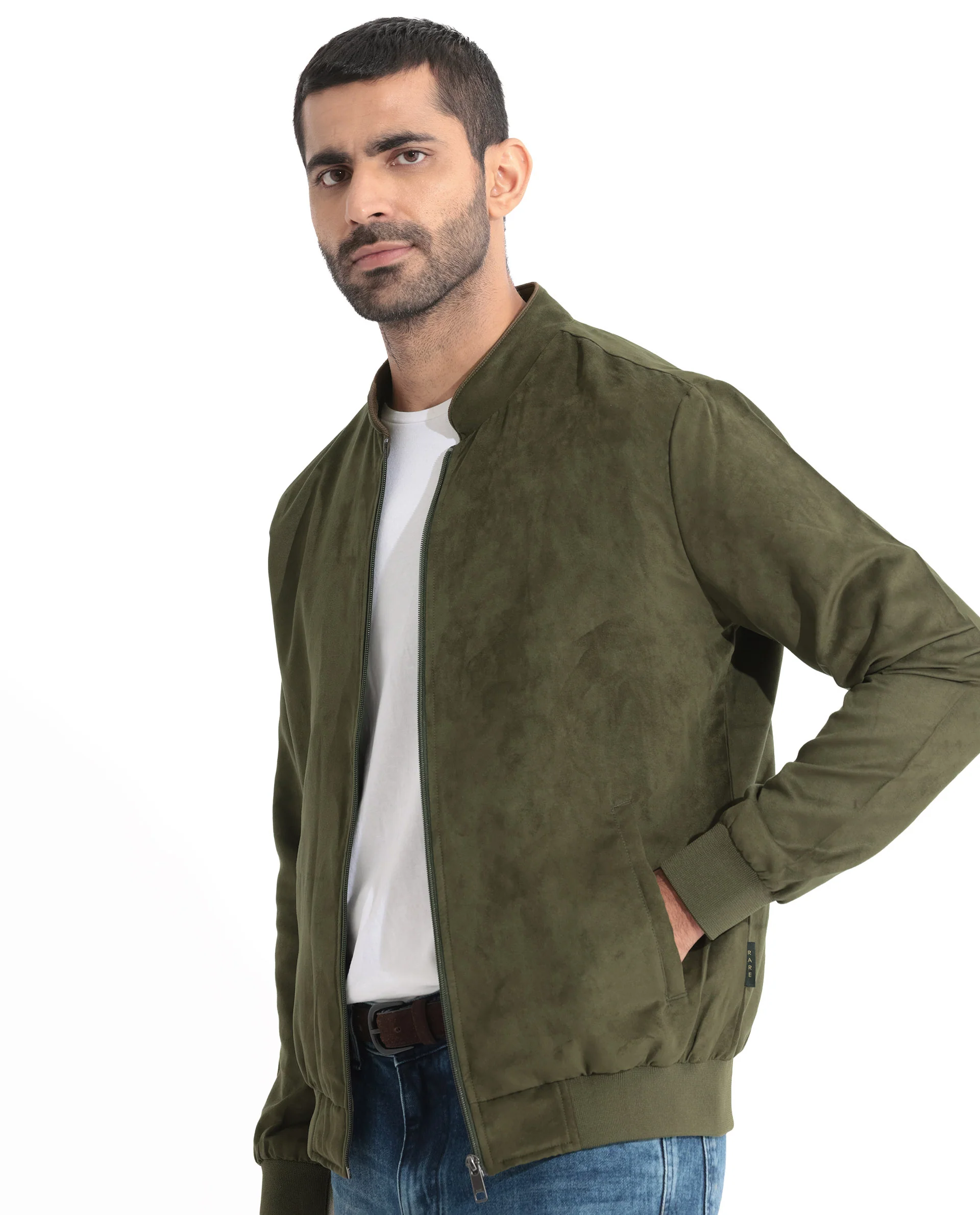 Rare Rabbit Men's Henron Pastel Green Suede Plain Regular Fit Full Sleeve Mandarin Collar Jacket - Image 4