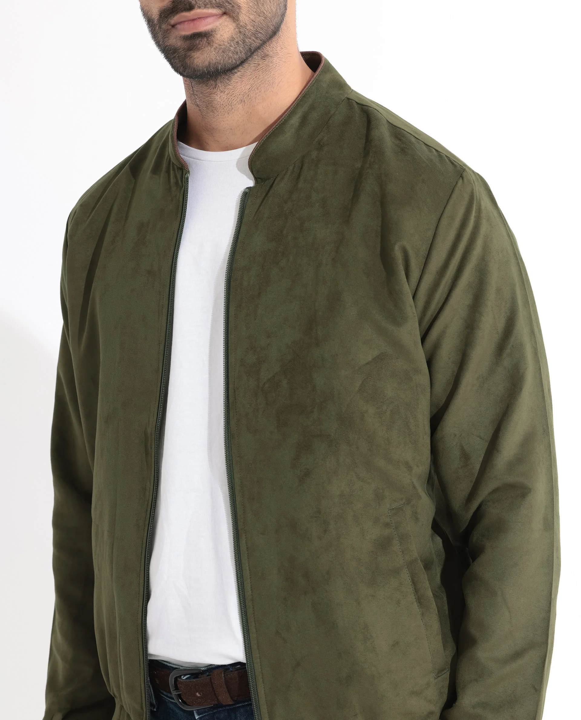 Rare Rabbit Men's Henron Pastel Green Suede Plain Regular Fit Full Sleeve Mandarin Collar Jacket - Image 6