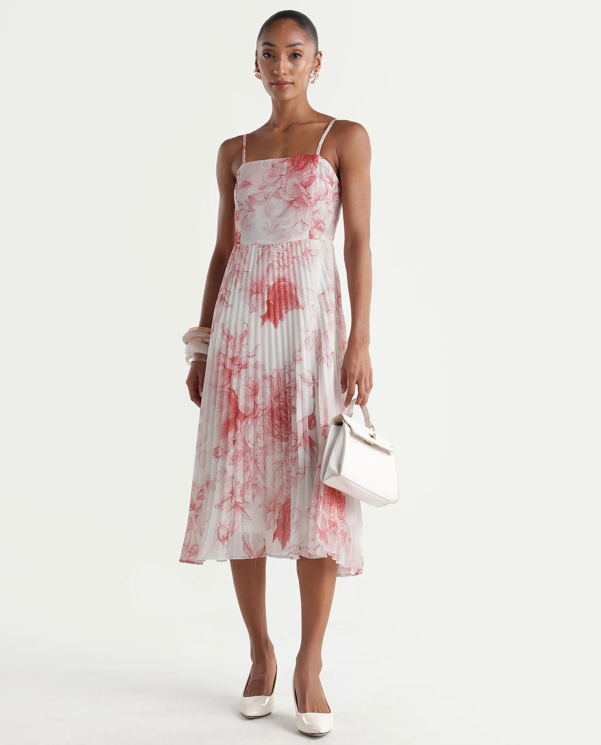 Rareism Women's Henvo Off White Polyester Tube Neck Fit And Flare Floral Print Dress - Image 2