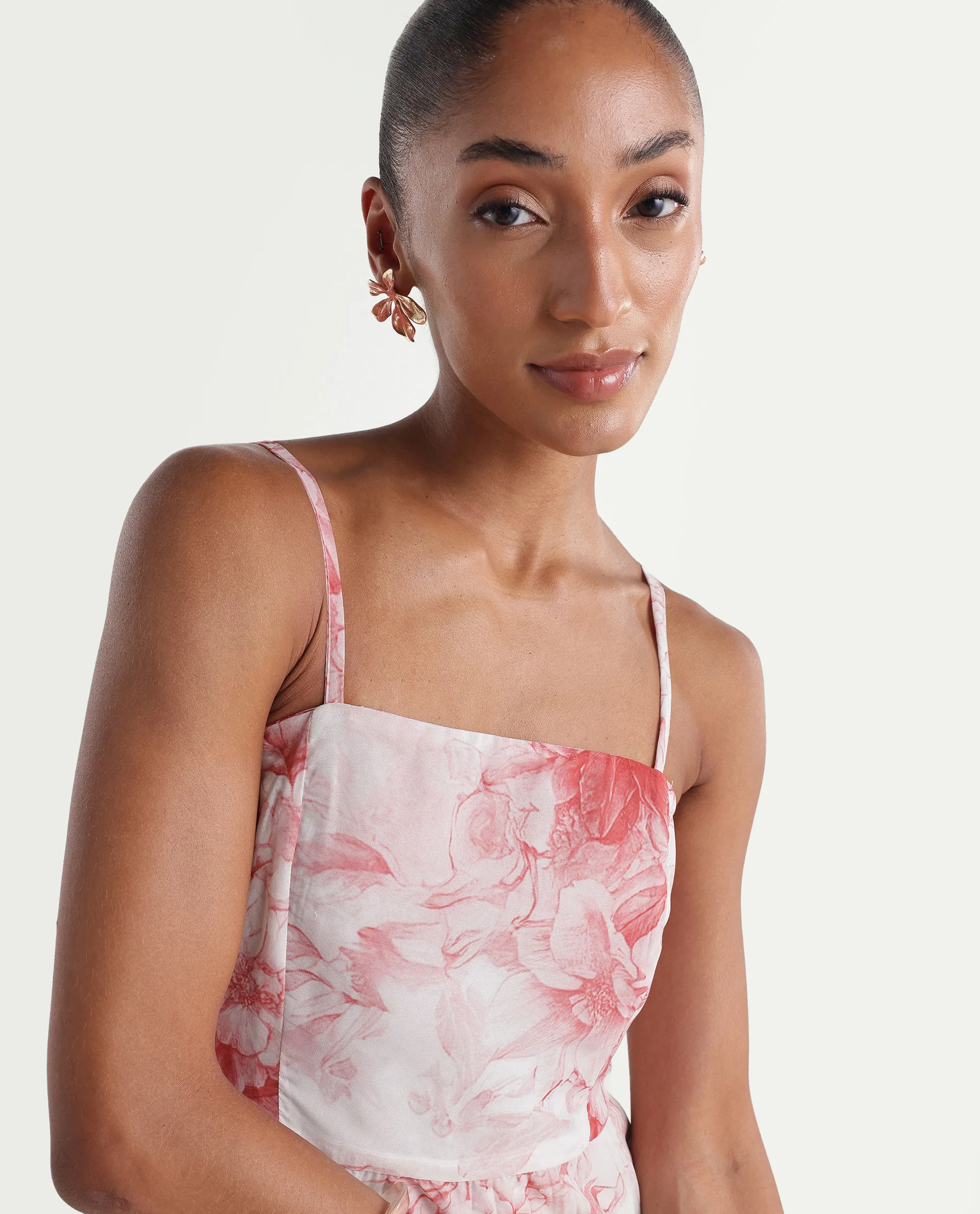 Rareism Women's Henvo Off White Polyester Tube Neck Fit And Flare Floral Print Dress - Image 3