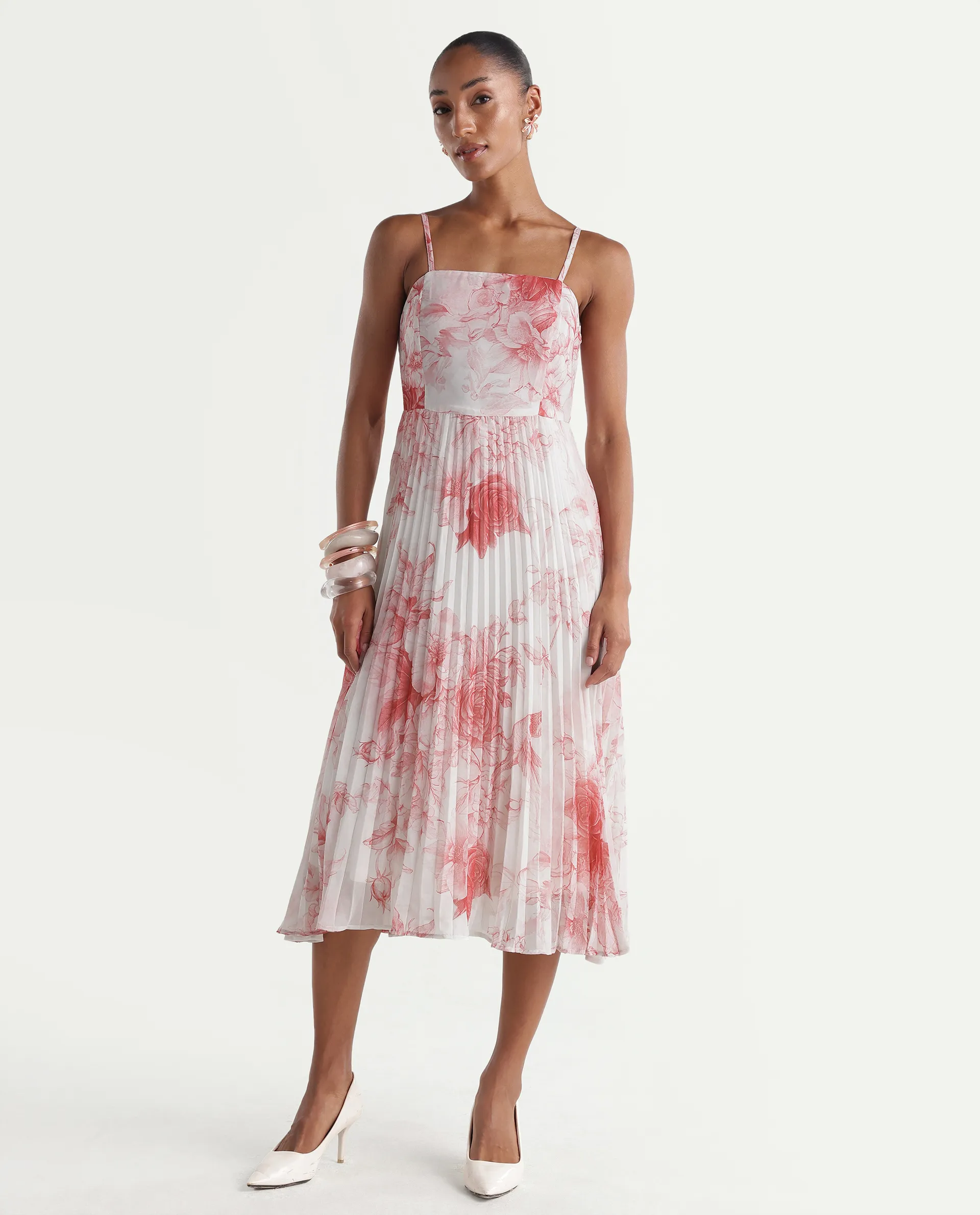 Rareism Women's Henvo Off White Polyester Tube Neck Fit And Flare Floral Print Dress - Image 4