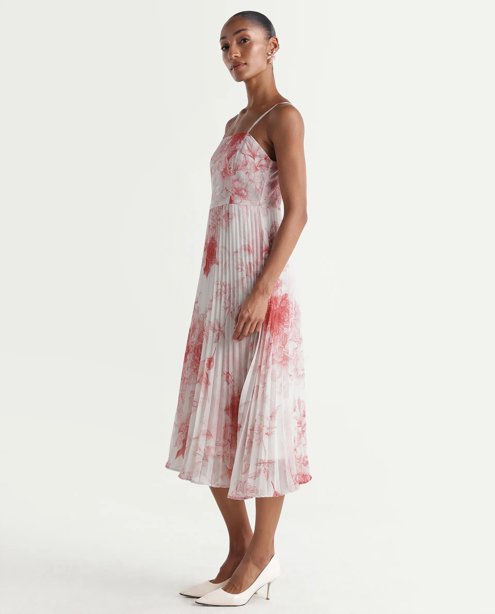 Rareism Women's Henvo Off White Polyester Tube Neck Fit And Flare Floral Print Dress - Image 5