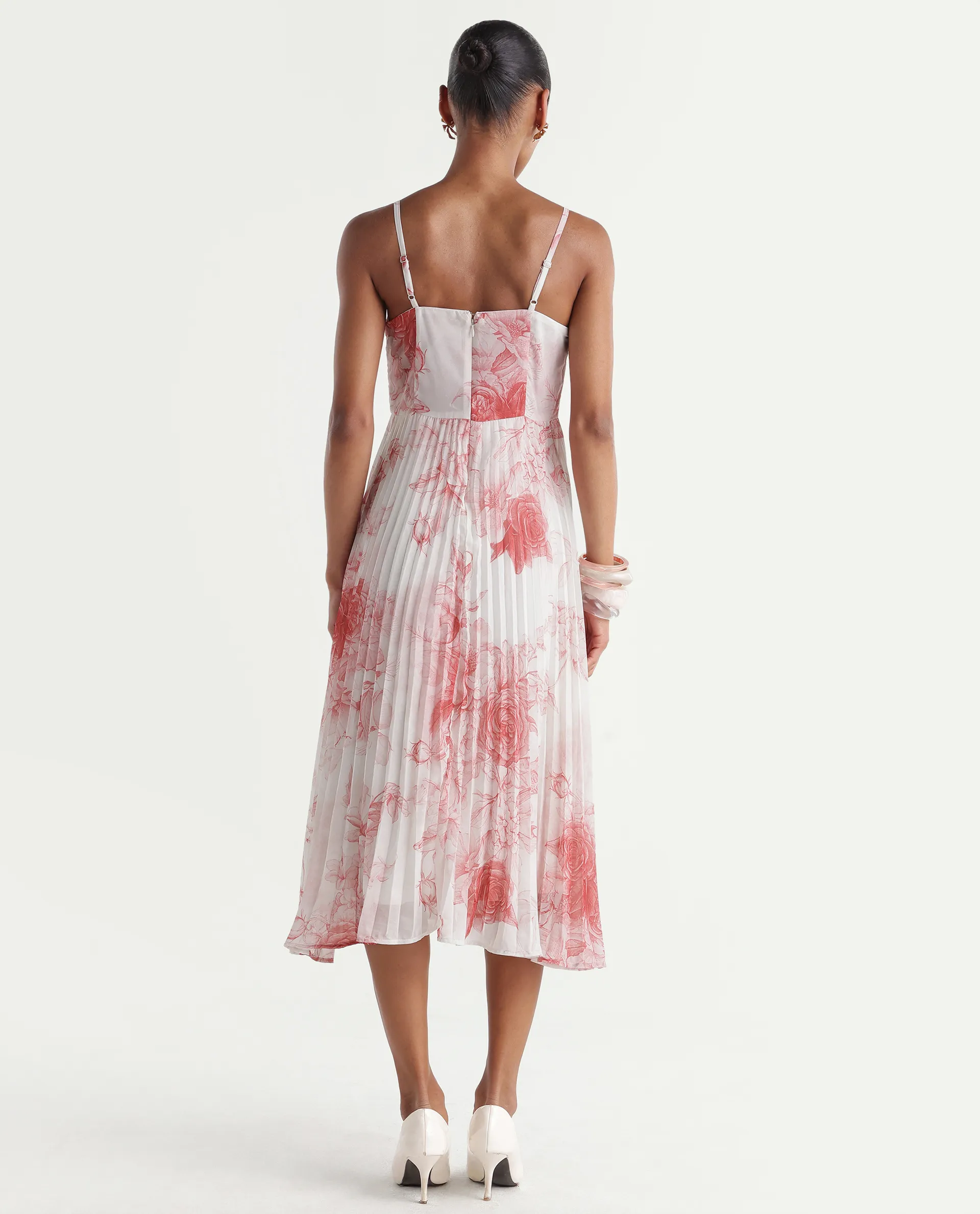 Rareism Women's Henvo Off White Polyester Tube Neck Fit And Flare Floral Print Dress - Image 7