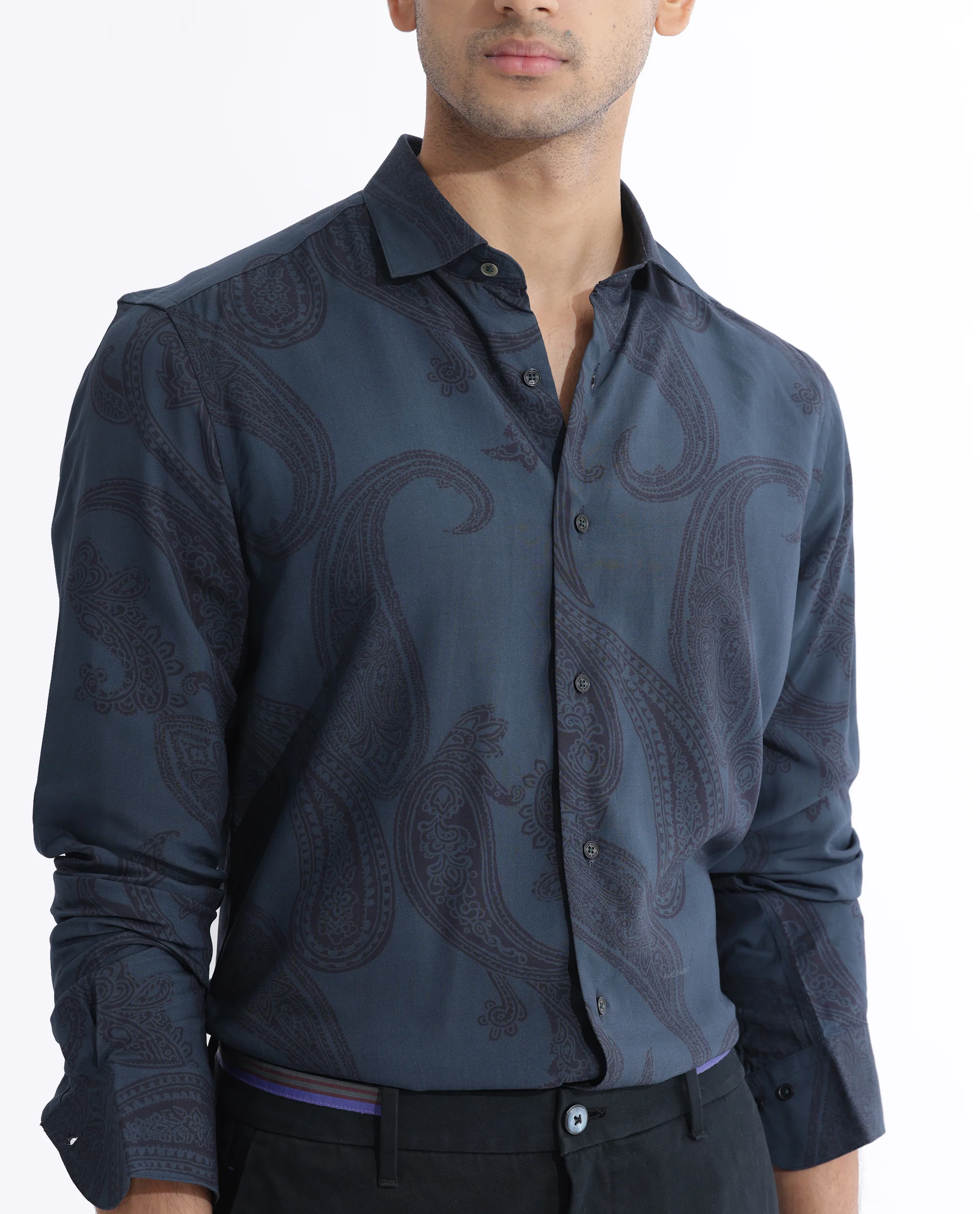 Rare Rabbit Men's Hera Blue Viscose Paisley Print Regular Fit Full Sleeve Collared Shirt - Image 4