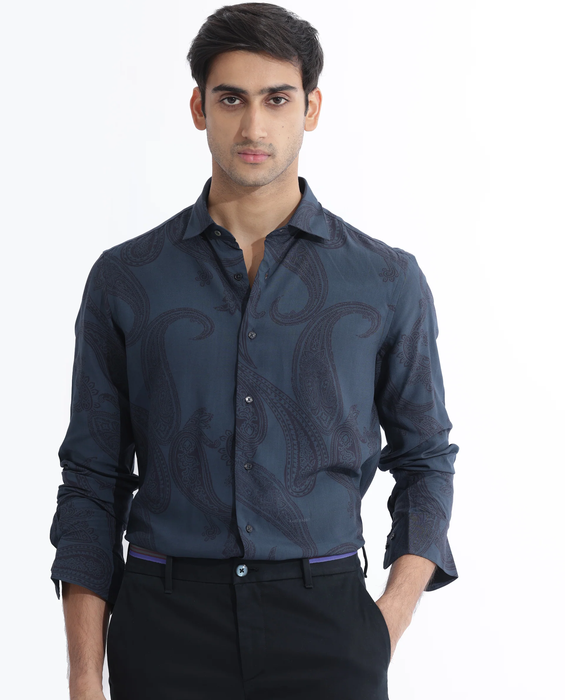 Rare Rabbit Men's Hera Blue Viscose Paisley Print Regular Fit Full Sleeve Collared Shirt - Image 6