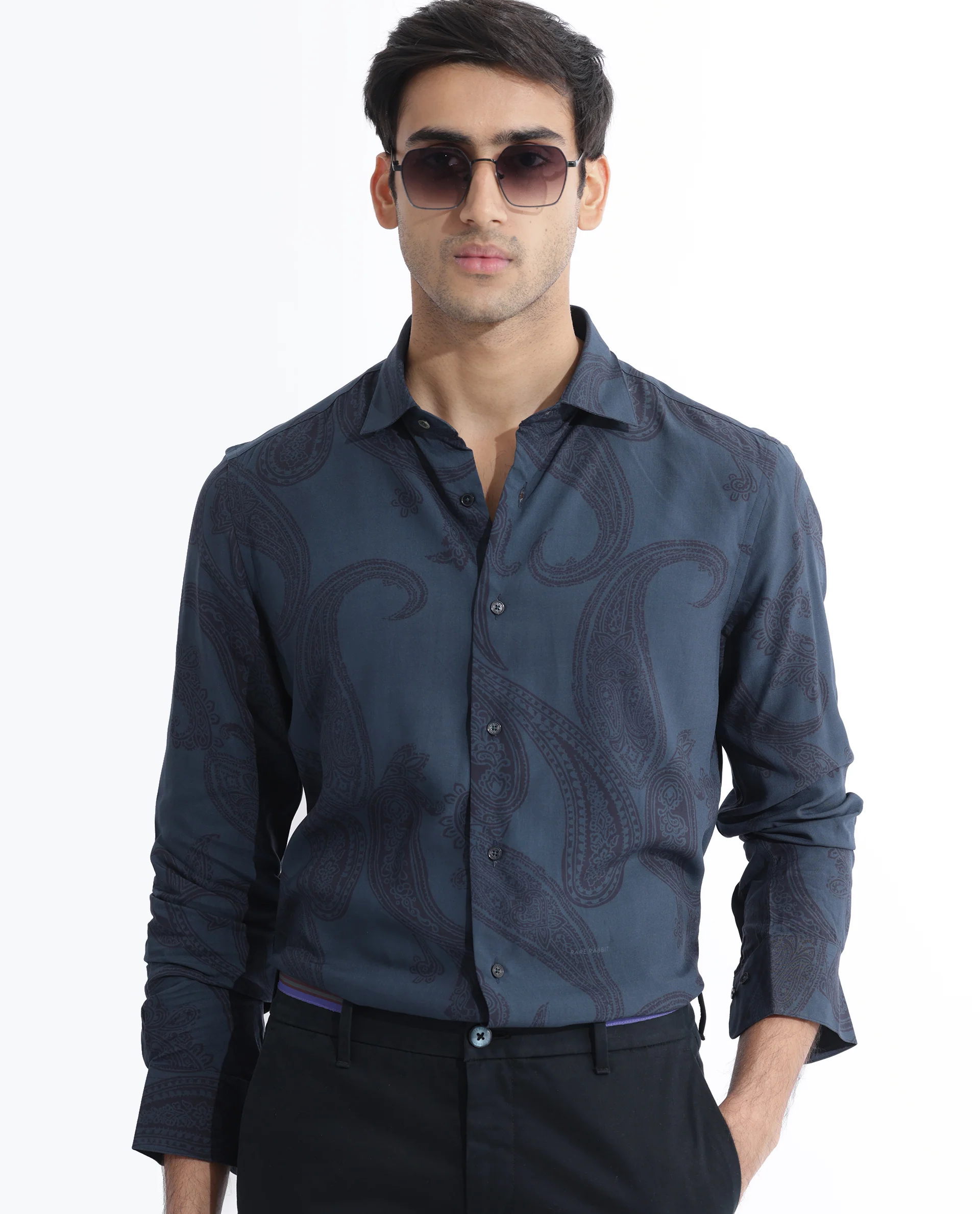 Rare Rabbit Men's Hera Blue Viscose Paisley Print Regular Fit Full Sleeve Collared Shirt - Image 7